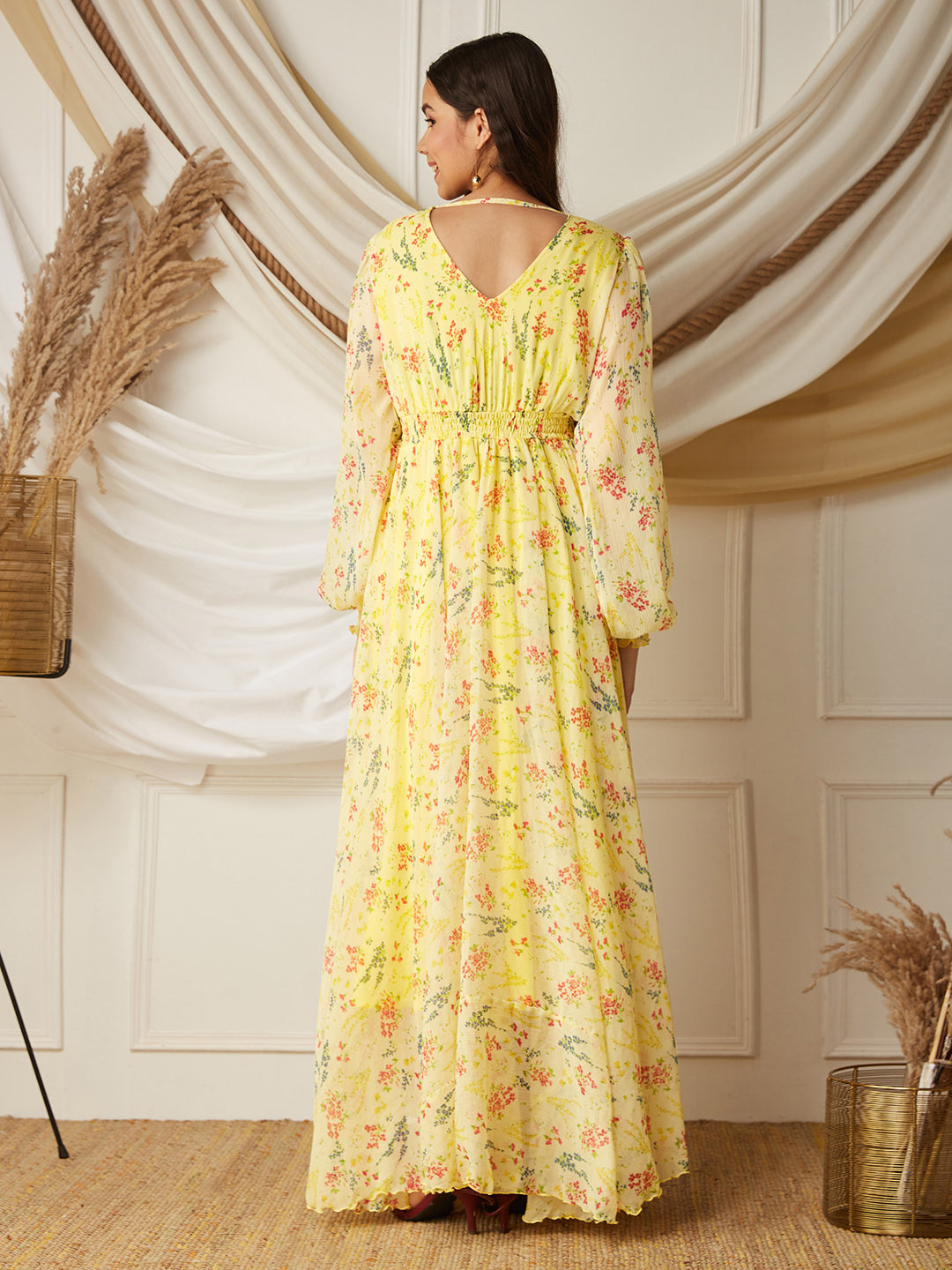 Multicolored-Base-Lime Yellow V-Neck Bishop Sleeve Floral Gathered Chiffon Maxi Dress