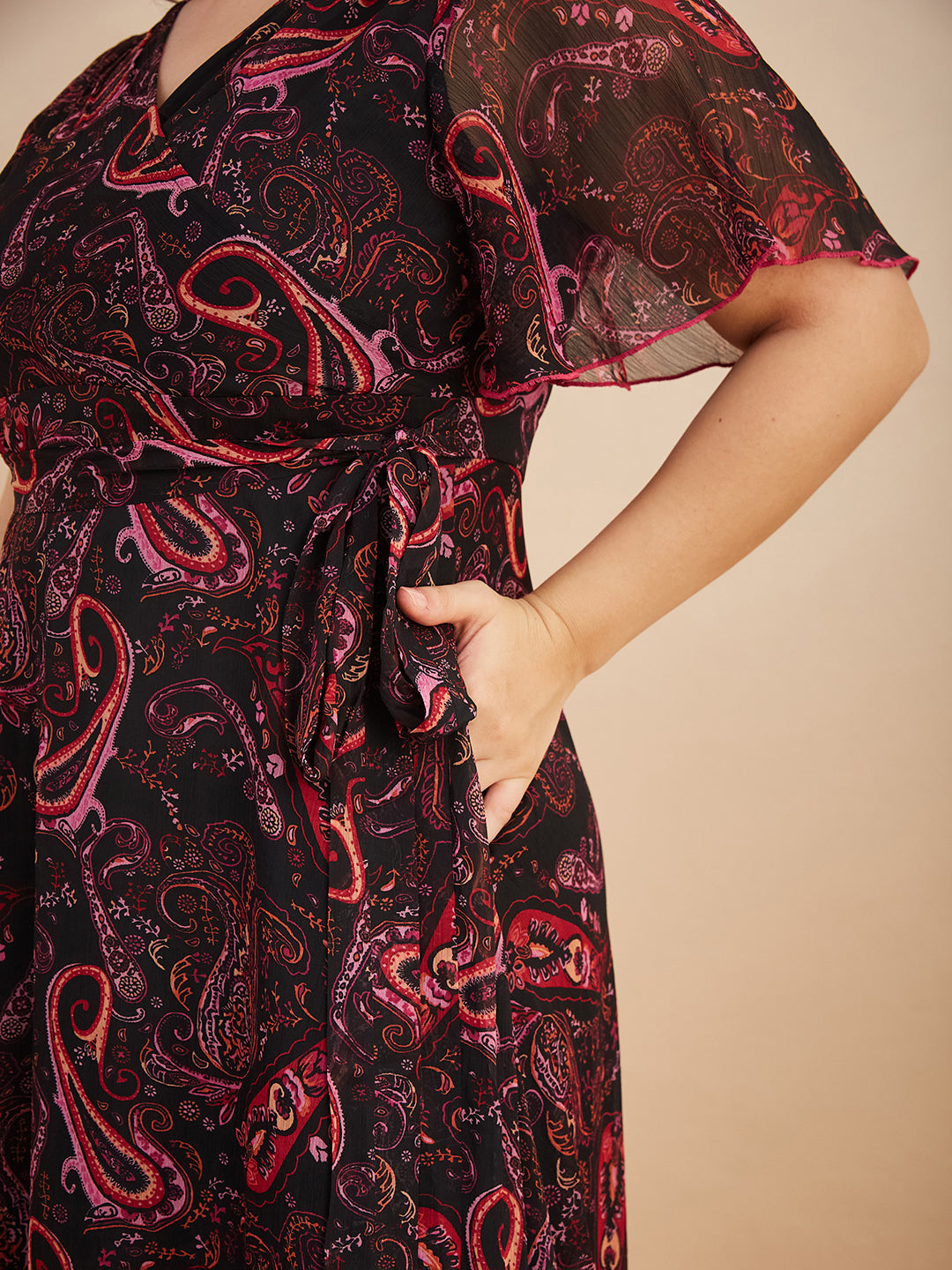 Black Bohemian V-Neck Flutter Sleeve Chiffon Relaxed Fit Wrap Maxi Dress for Women