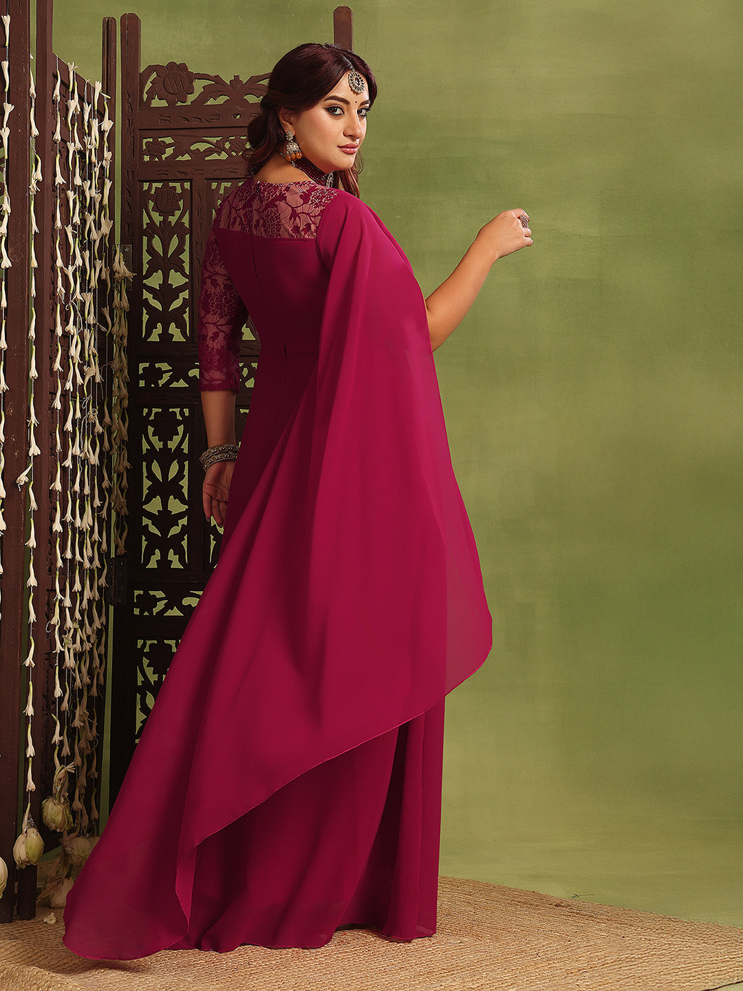 Women's Dark Pink V-Neck Asymmetric Self-Design Georgette Maxi Dress