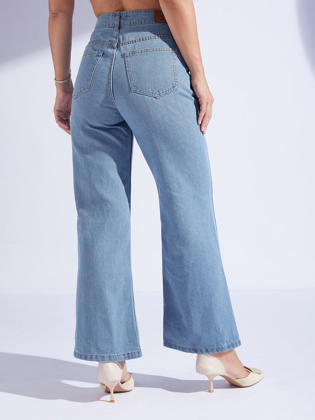 Women's Light Blue Wide-Leg High-Rise Clean-Look Regular-Length Non-stretchable Denim Jeans