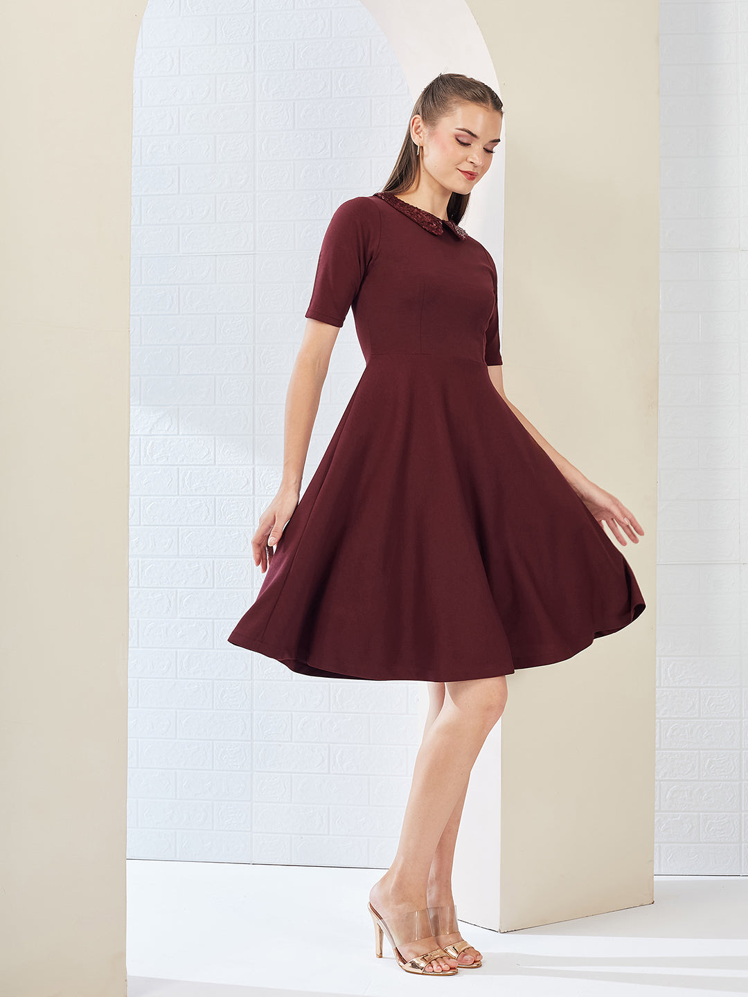 Wine Red Collared Round Neck Half Sleeve Solid Knee-Long Skater Dress for Women