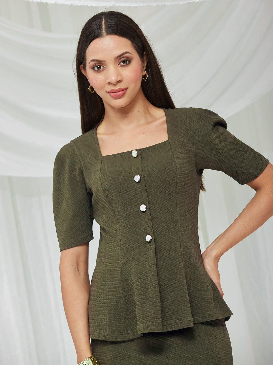 Olive Co-ord Set - Half-Sleeved WorkWear Top with Skirt for Women