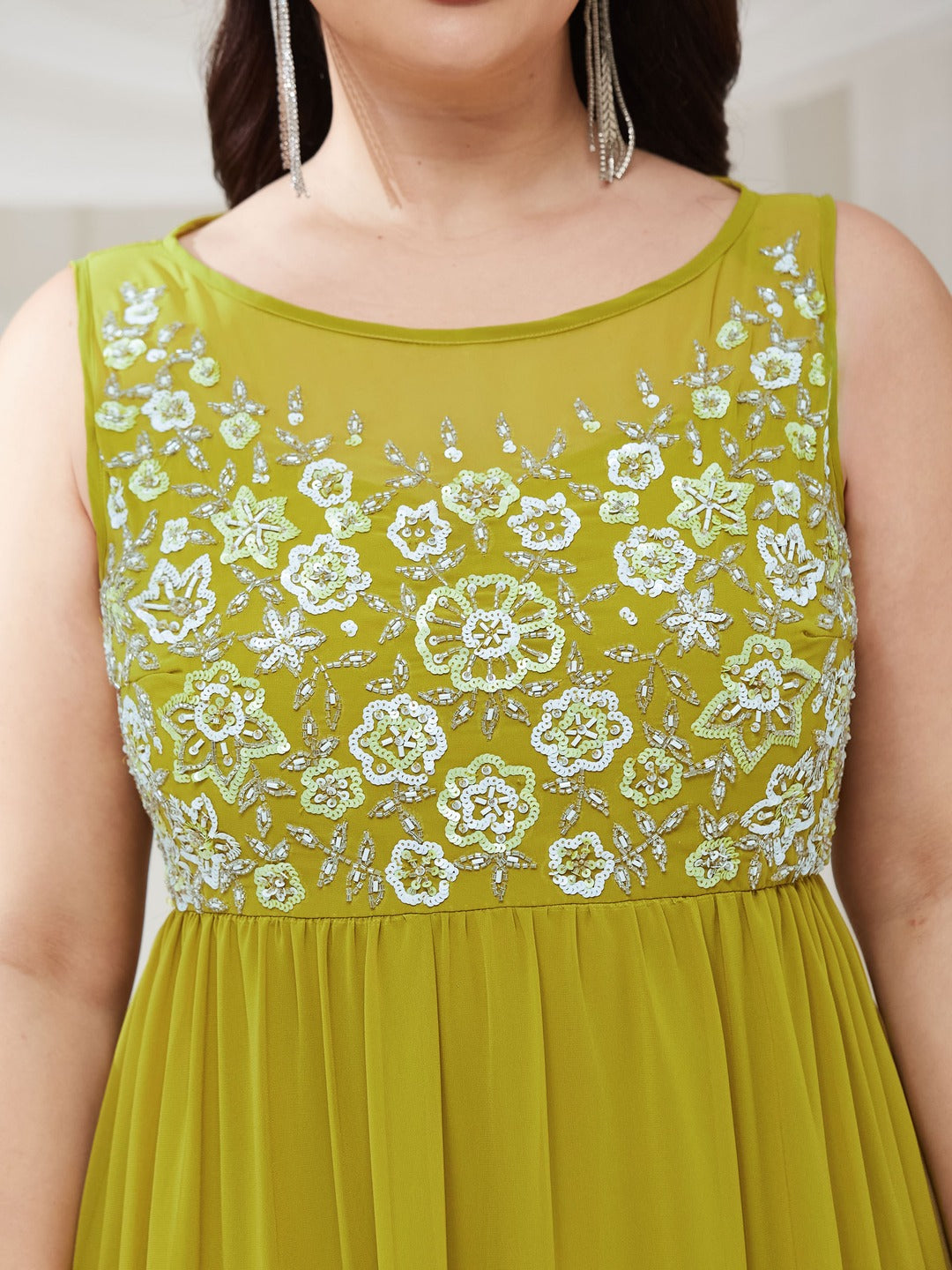 Lemon Green Boat Neck Sleeveless Embroidered Georgette Gathered Maxi Dress for Women — Miss Chase A+
