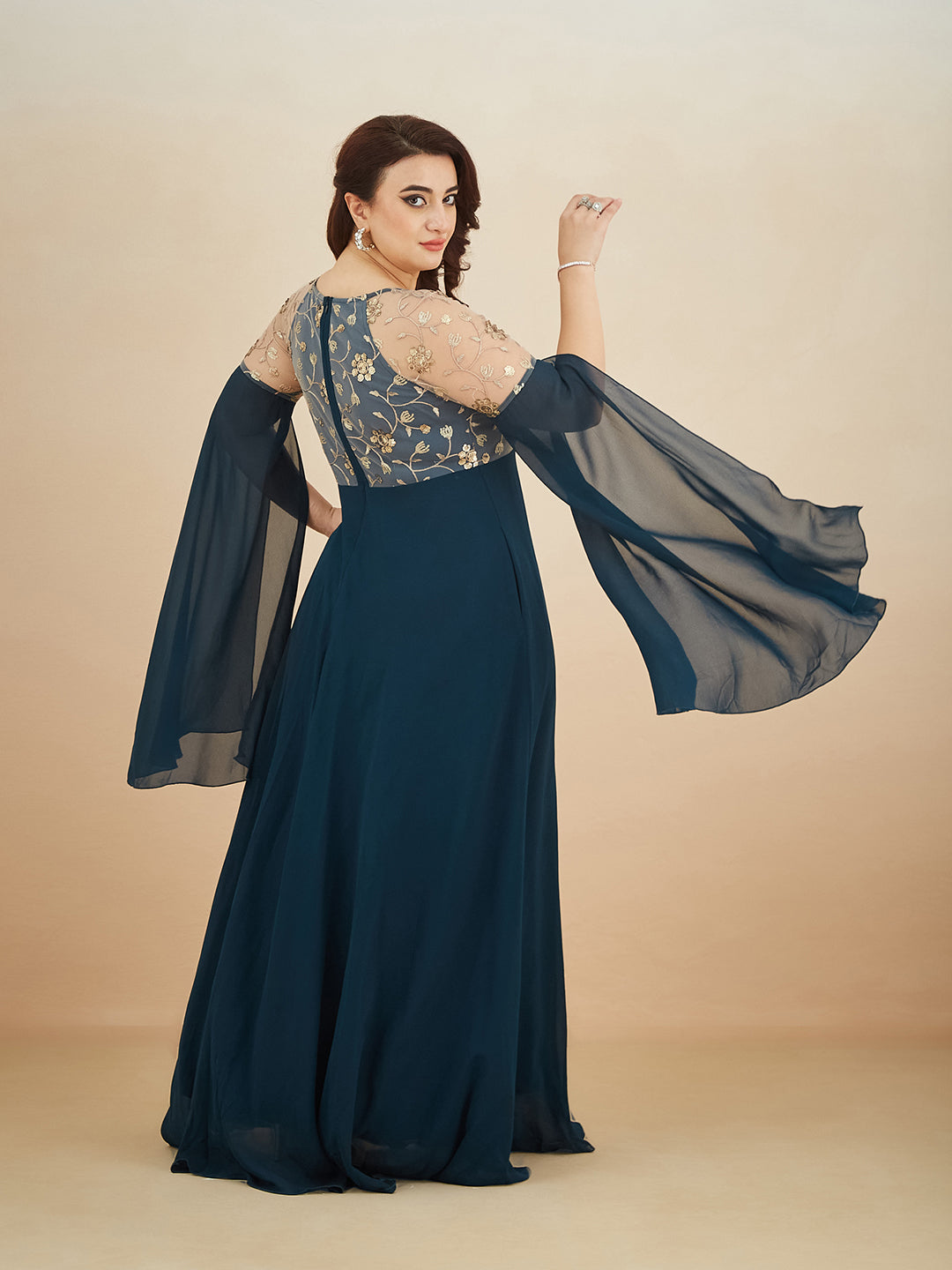 Teal V-Neck Full Sleeve Embroidered Fit & Flare Georgette Maxi Dress for Women — Miss Chase A+