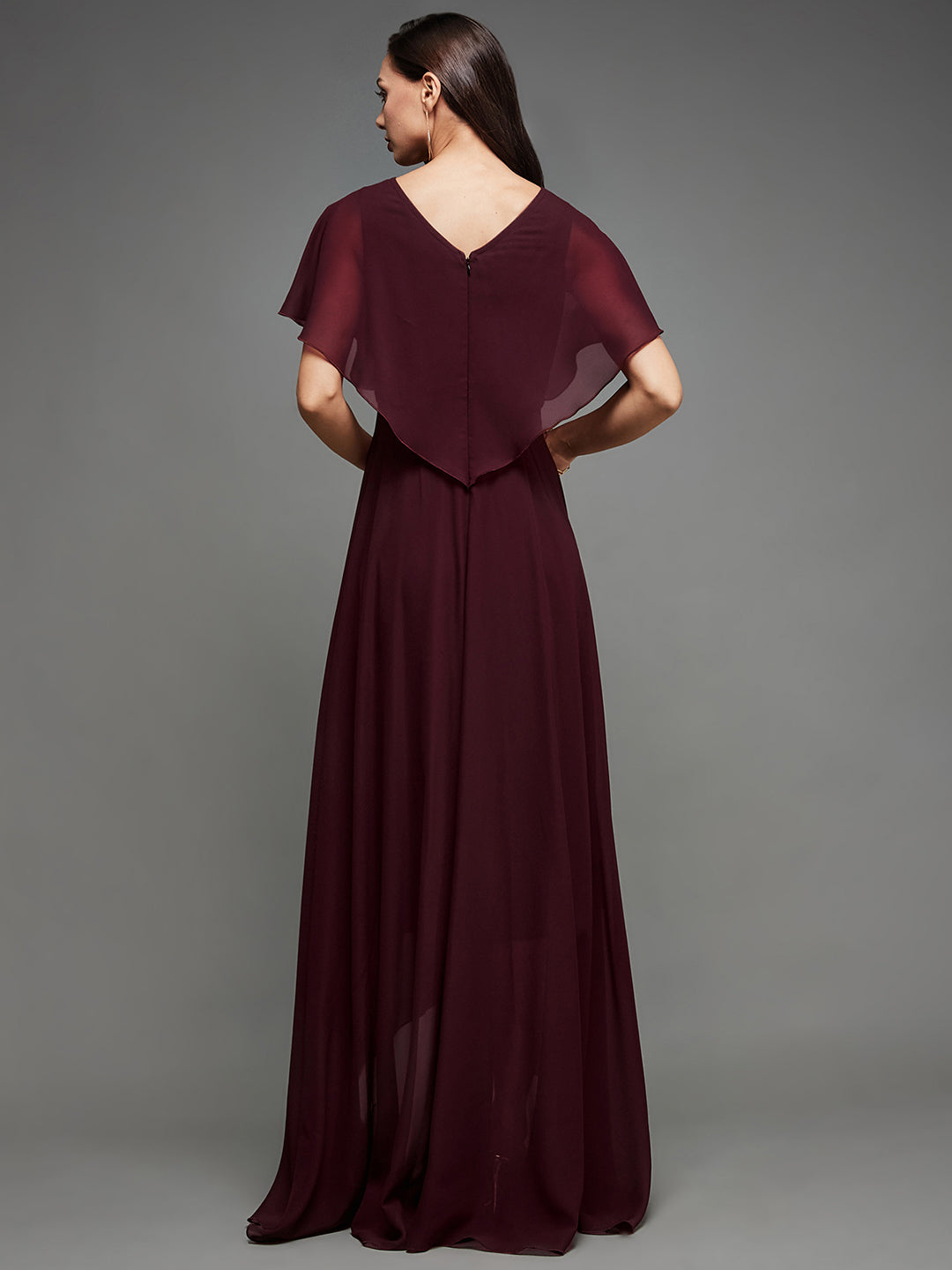 Women's Cocktail Wine Sequined V-Neck Cape Georgette Pleated Relaxed Fit party Maxi Dress