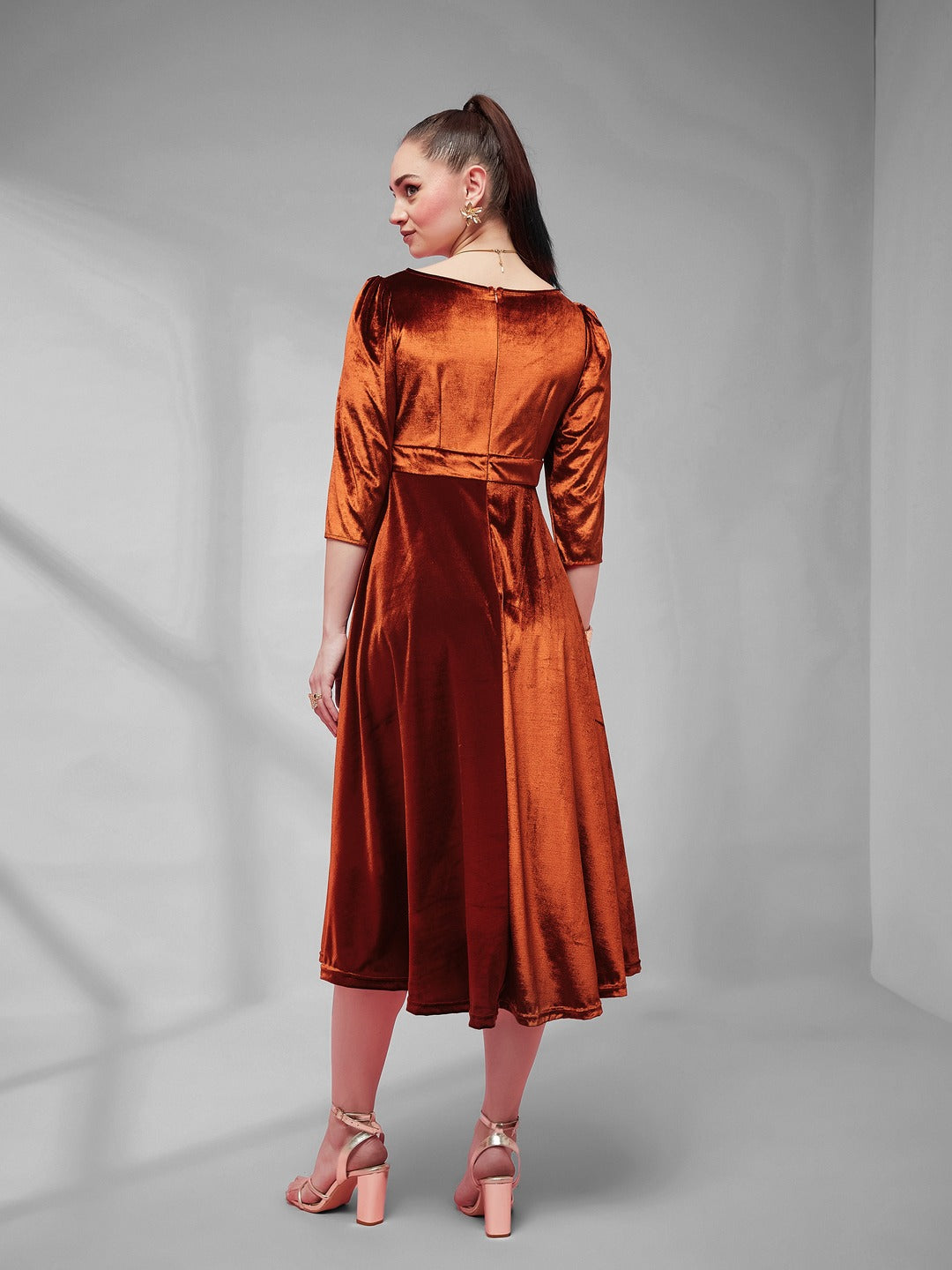 Rust V-Neck Three-Quarter Sleeve Solid Fit & Flare Midi Velvet Dress for Women