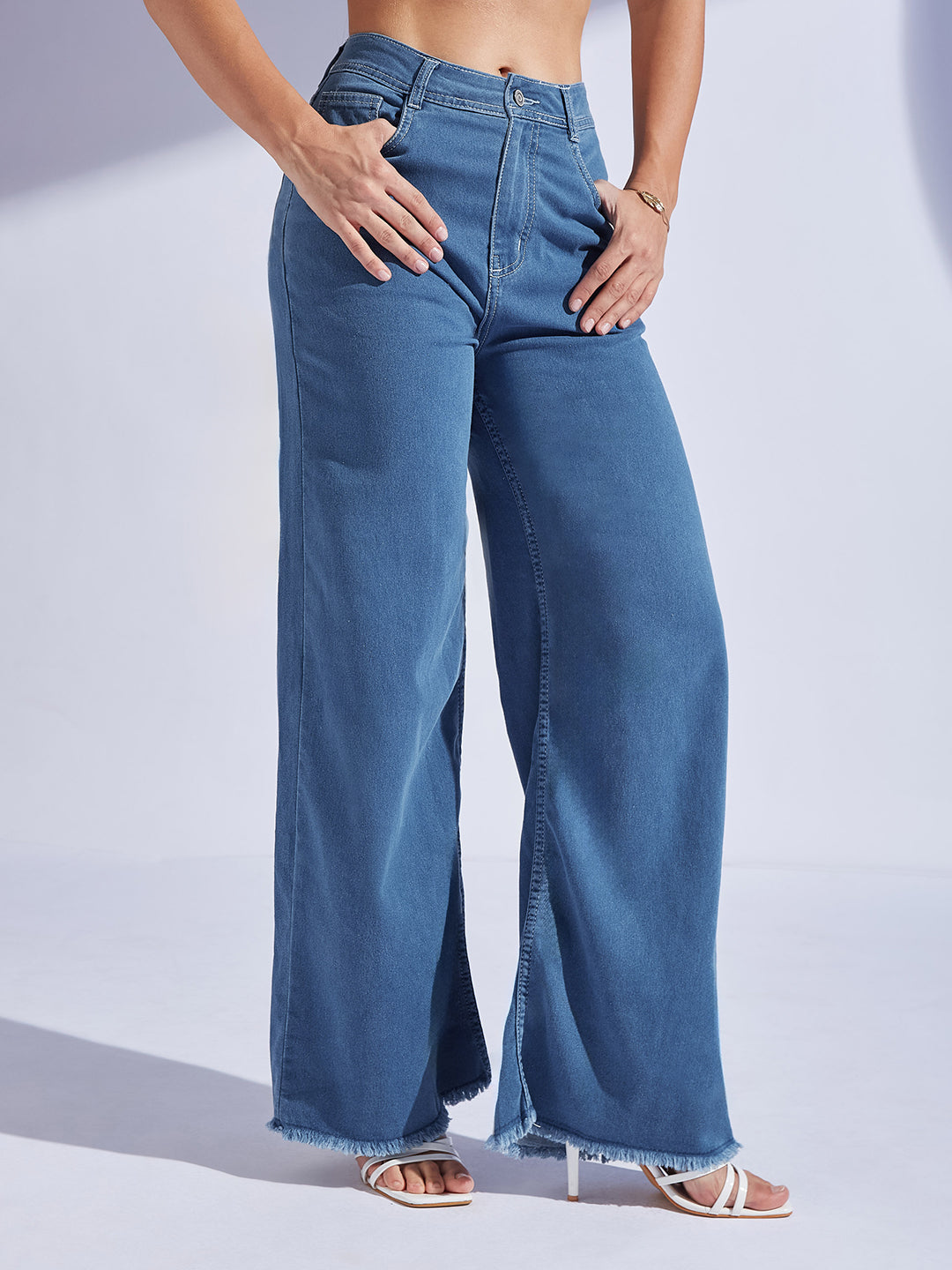 Women's Blue Wide-Leg High-Rise Stretchable Denim Jeans