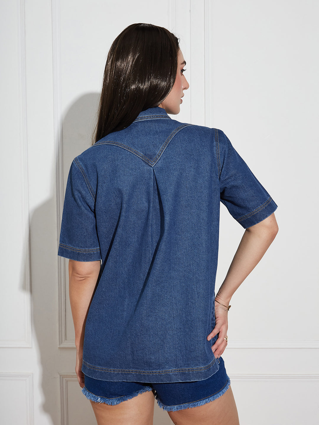 Women's Navy Blue Boxy Denim Shirt