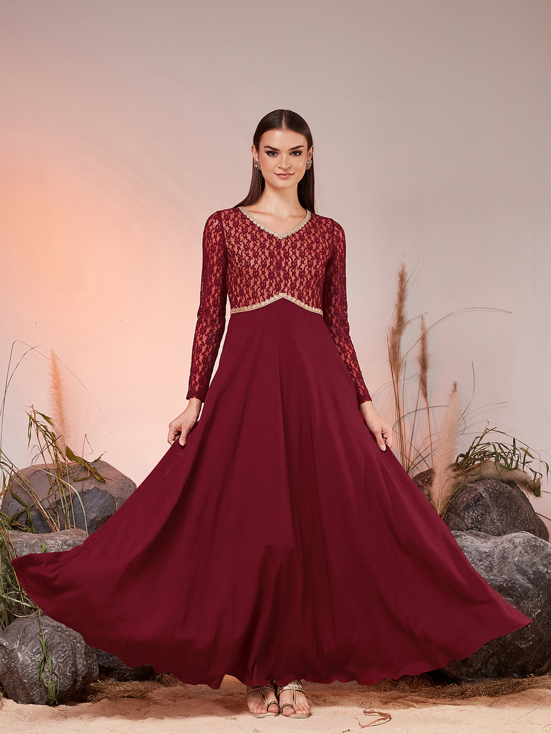Women’s Maroon V-Neck Full-Sleeved Self-Design Fit & Flare Maxi Crepe Dress for Women