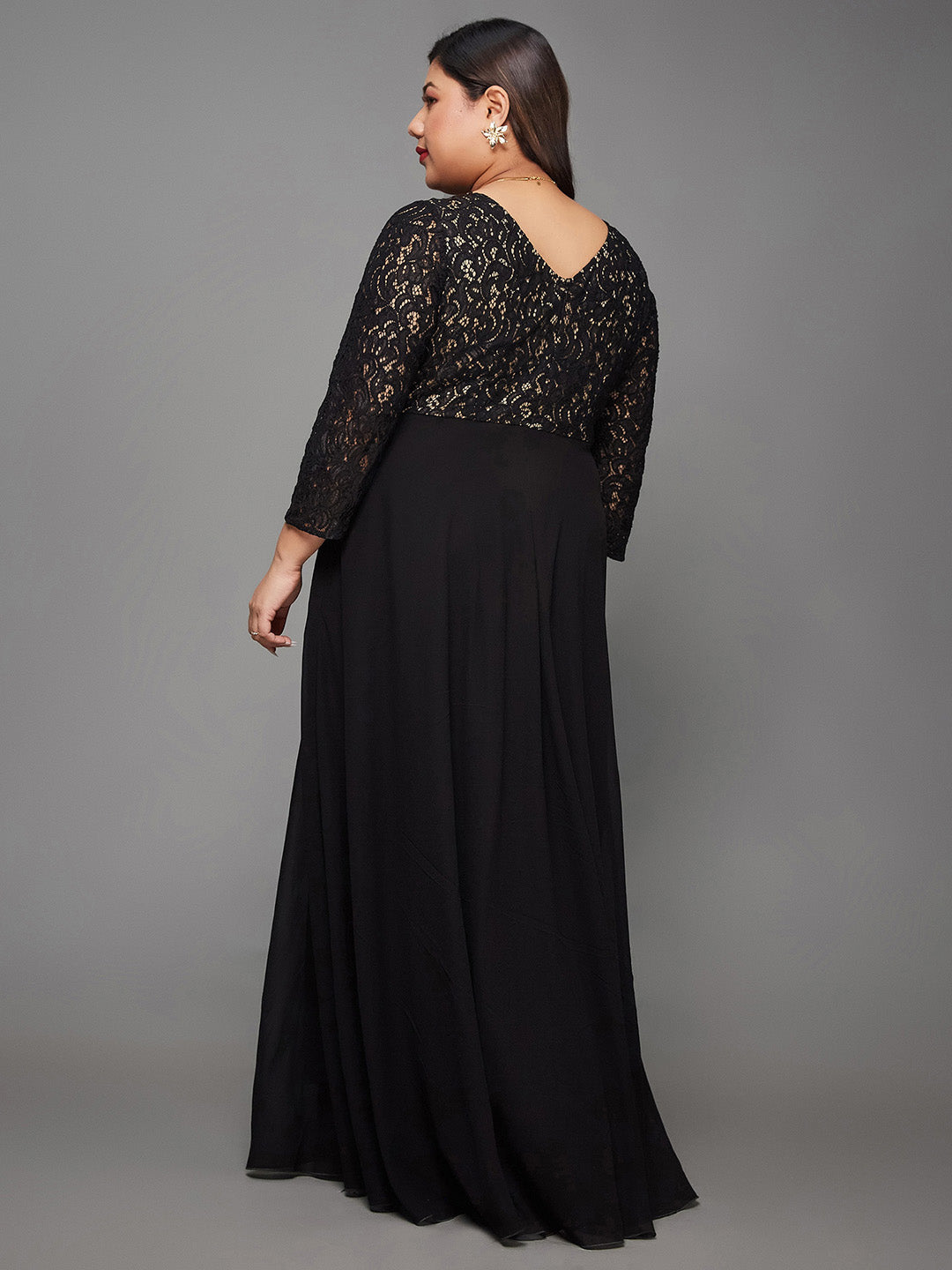 Black Boat Neck Lace Fit and Flare Maxi Dress for Women
