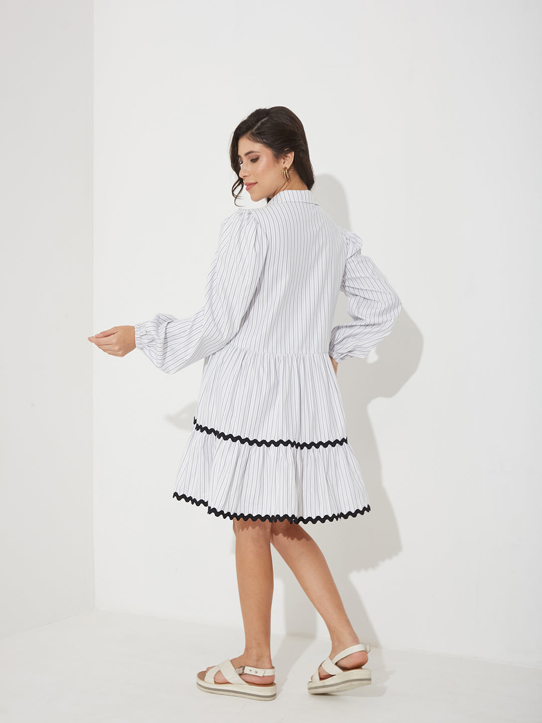 Black & Grey Striped Cotton Shirt Dress with Balloon Sleeves and Chest Pockets for Women