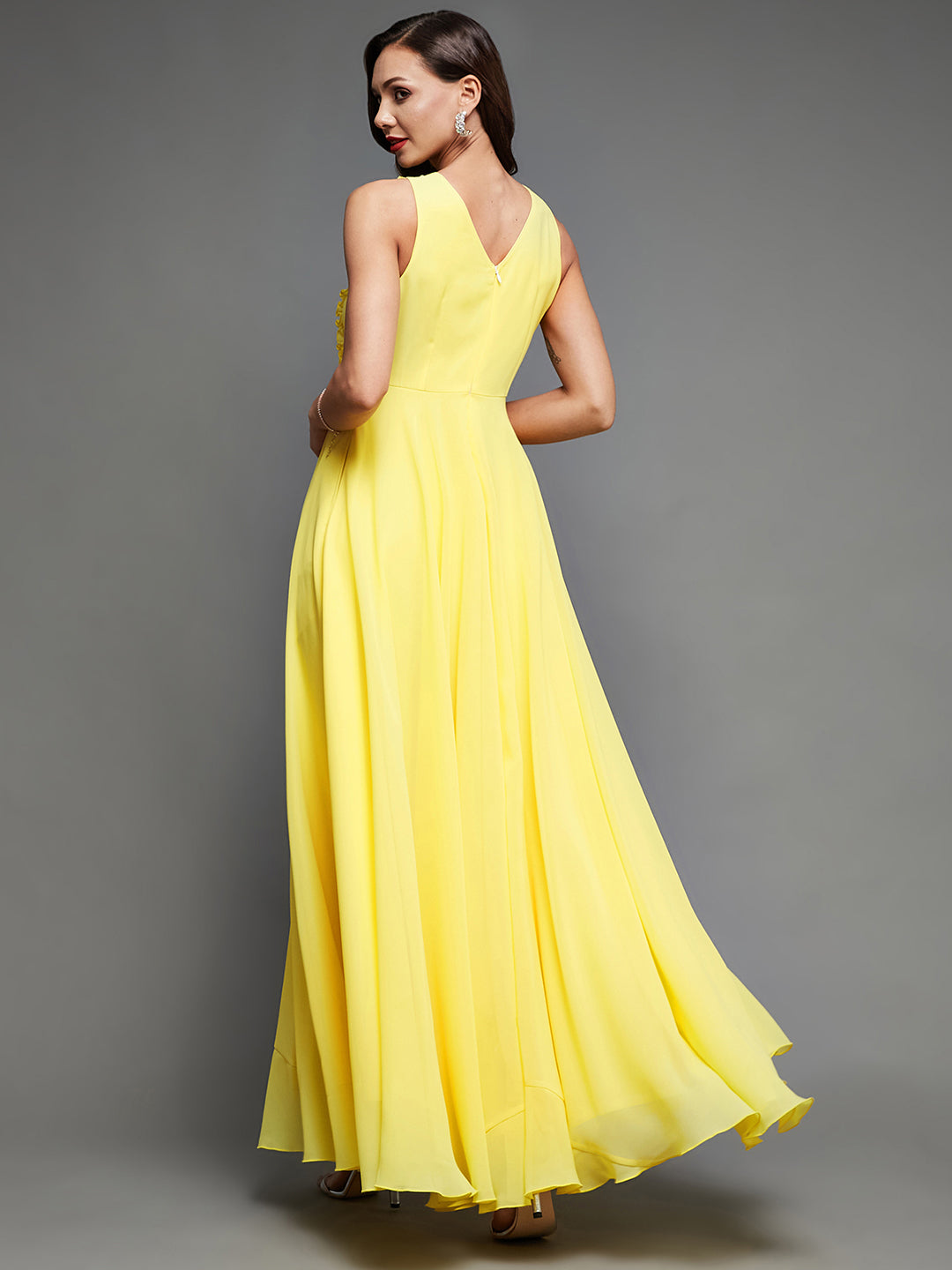 Women's Yellow Round Neck Sleeveless Embellished Frilled Georgette Maxi Dress