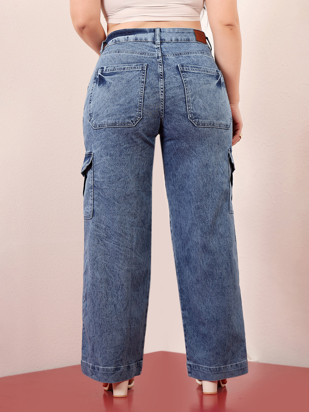 Women's Light Blue Wide-Leg High-Rise Clean-Look Stretchable Flared Cargo-Style Denim Jeans