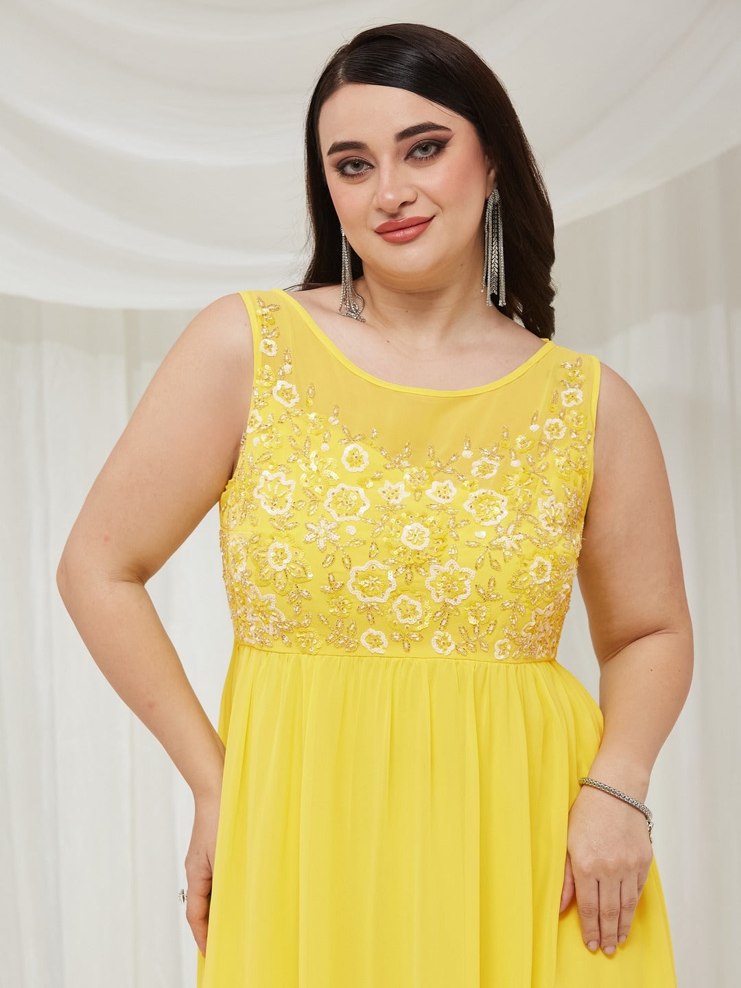 Light Yellow Boat Neck Sleeveless Embroidered Georgette Gathered Maxi Dress for Women — Miss Chase A+