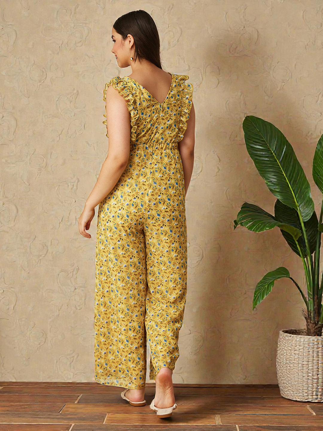 Multicolored-Base-Yellow Round neck Sleeveless Floral Wide-Leg Regular Jumpsuit for Girls/Teenagers