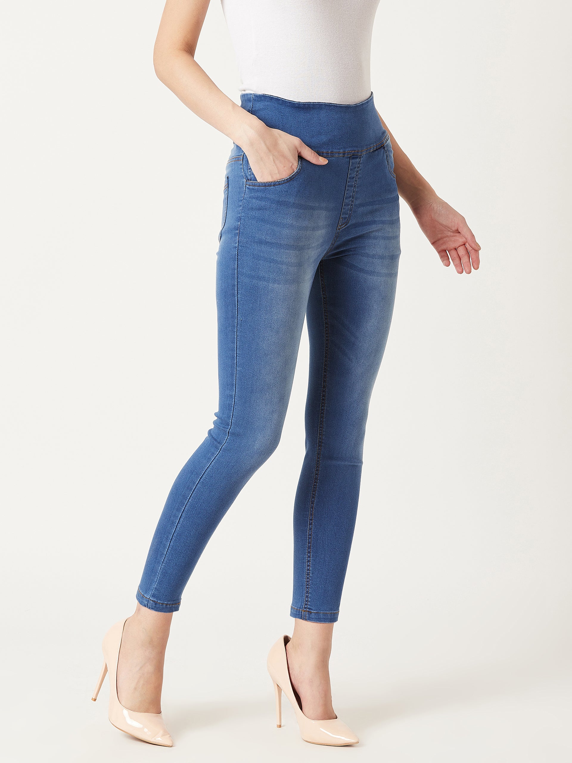 Women's Blue Super Skinny High-Rise Clean-Look Blast Effect Regular Length Stretchable Denim Jeggings