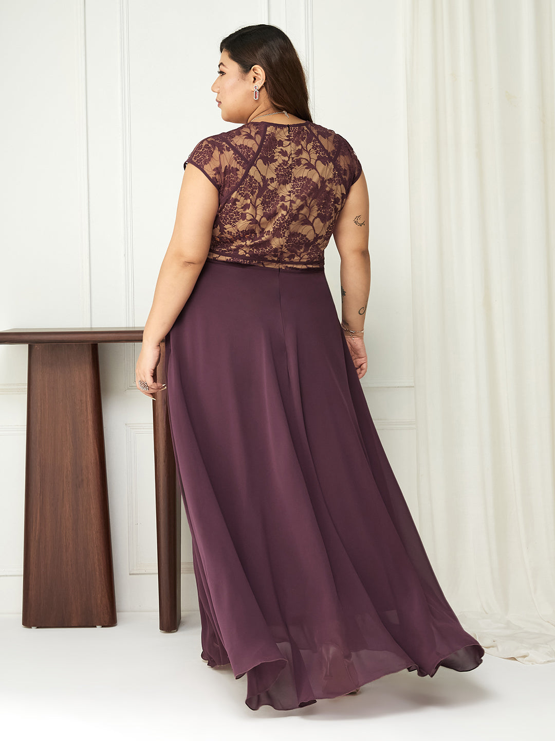 Mauve Floral Cap Sleeves Fit and Flare Lace Maxi Dress Long Dress Gown for Women | Bridesmaids' Favourites