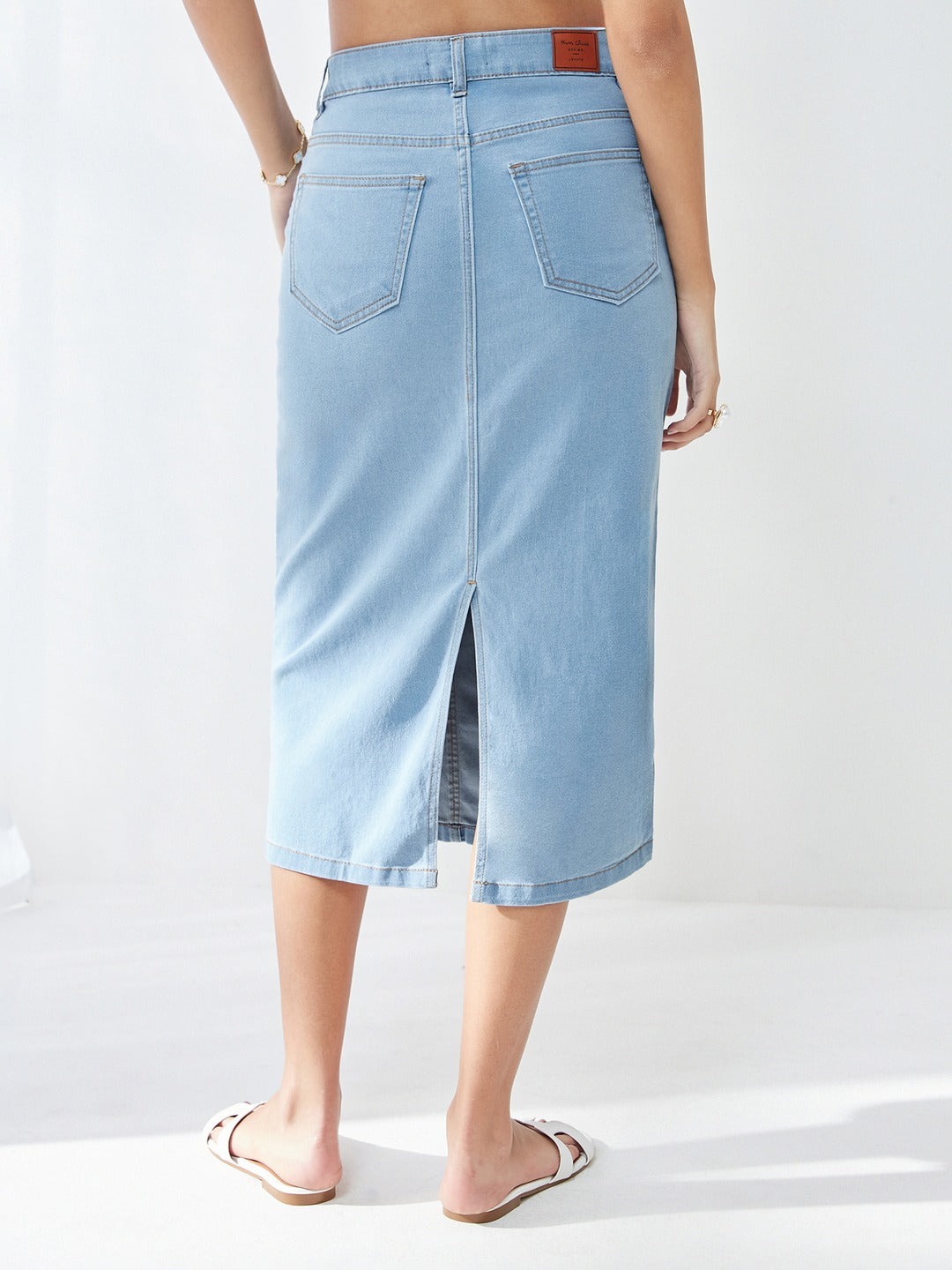 Light Blue Straight High Rise Clean Look Midi Stretchable Denim Denim Skirt for Women