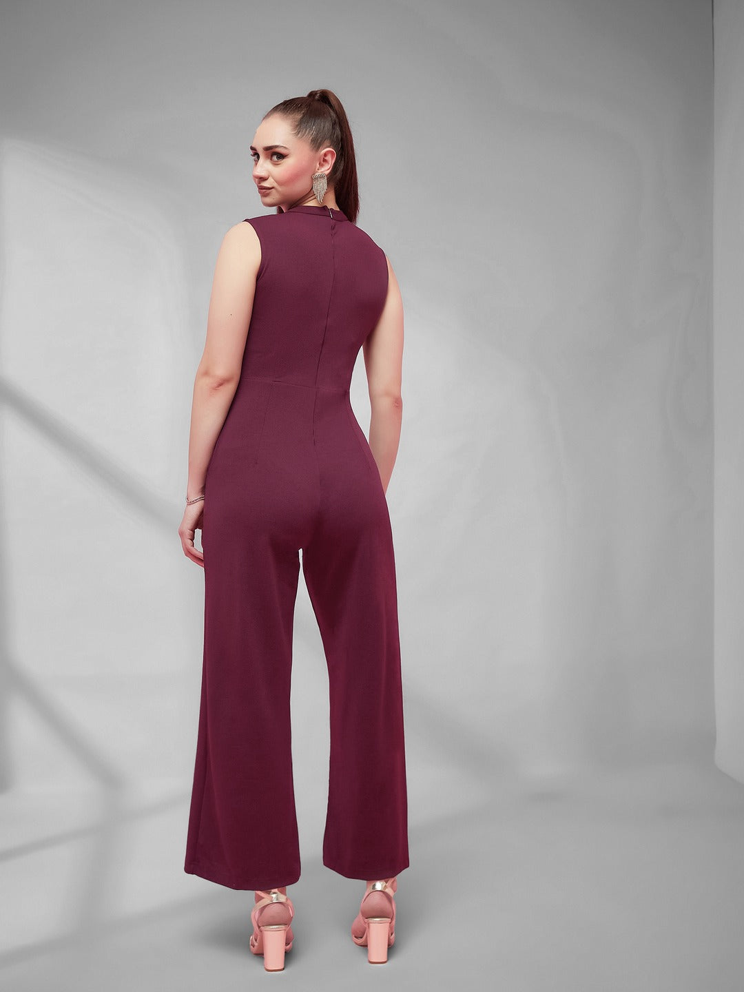 Wine Collared Sleeveless Solid Asymmetric Neck Cut-Out Regular Length Jumpsuit for Women