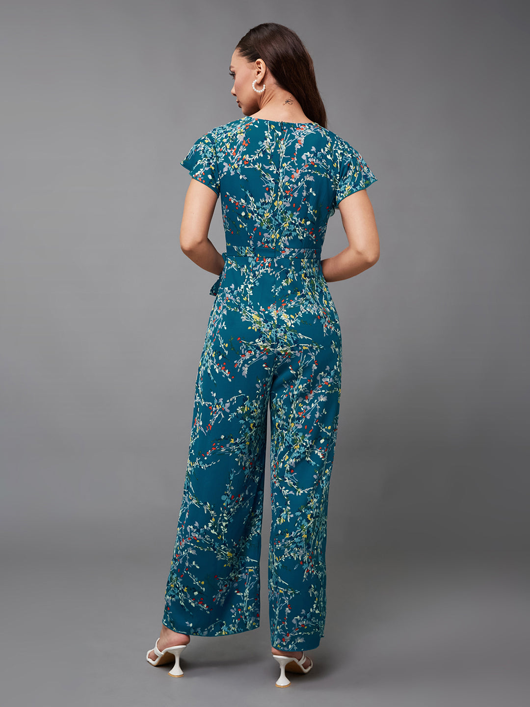 Women's Multicolored-Base-Turquoise V-Neck Short Sleeve Floral Wrap Regular-Length Crepe Jumpsuit