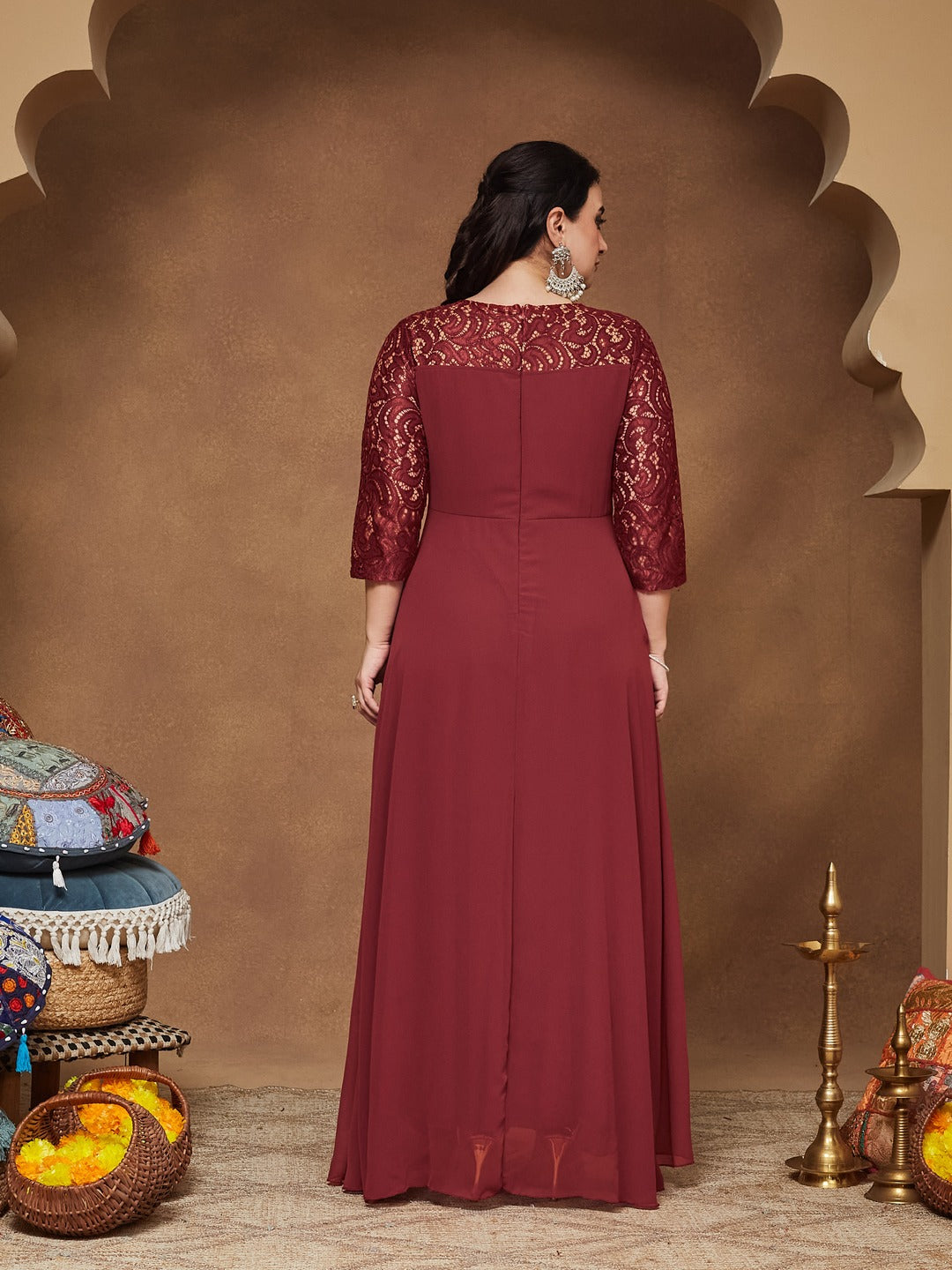 Brick Red V-Neck 3/4 Sleeve Self-Designed Wrap Styled Georgette Maxi Dress for Women — Miss Chase A+