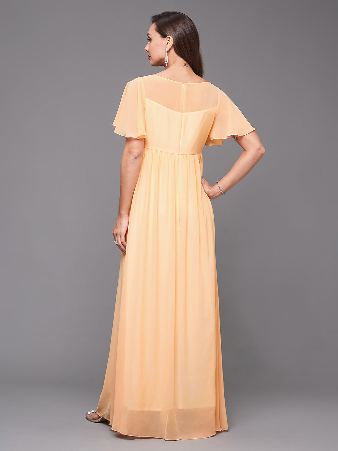 Women's Peach Boat Neck Half Sleeve Solid Embellished Georgette Maxi Dress
