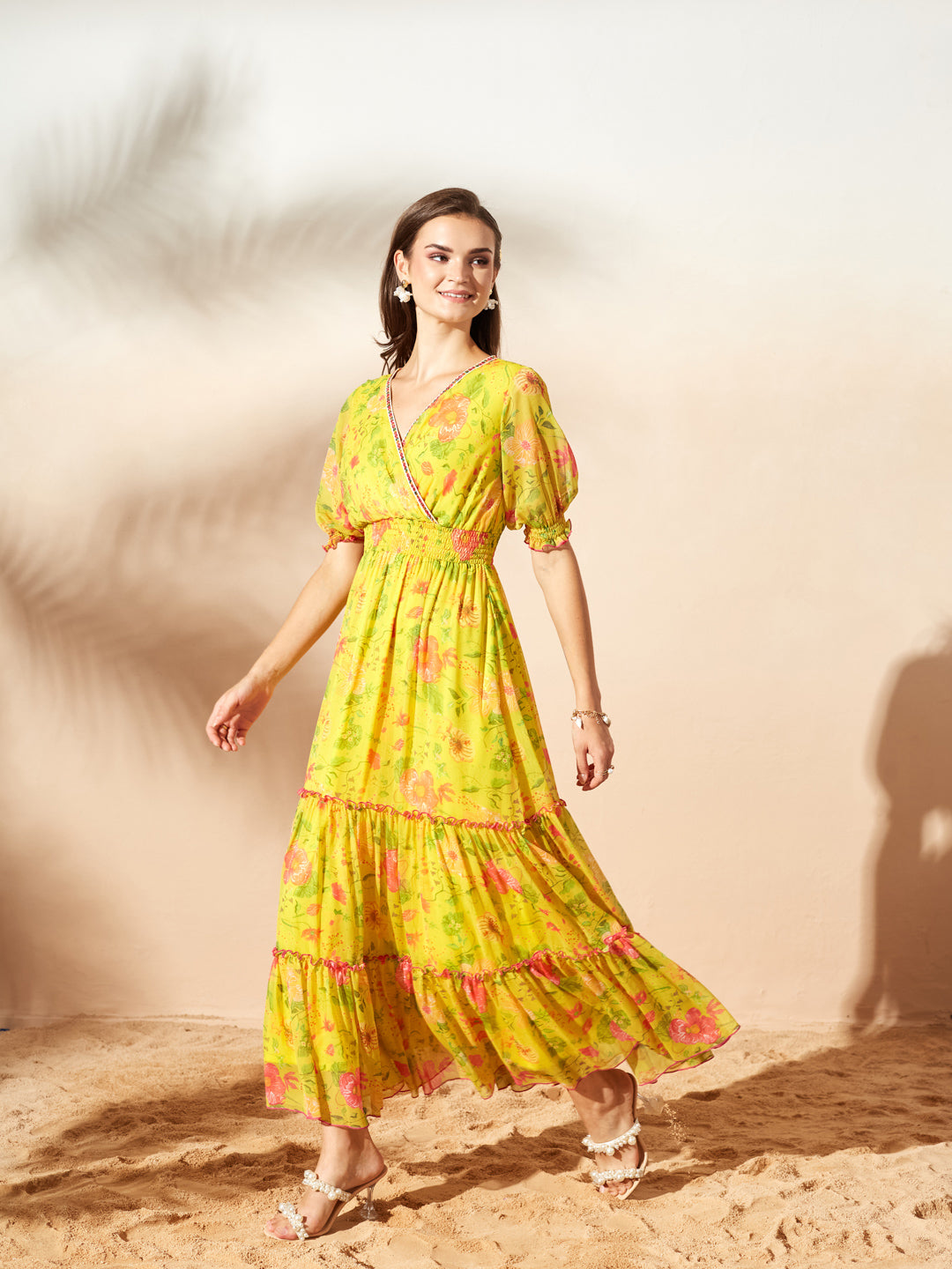 Acid Yellow V-Neck Puff Floral Overlap/ Tiered Maxi Chiffon Ethnic Dress for Women — Miss Chase
