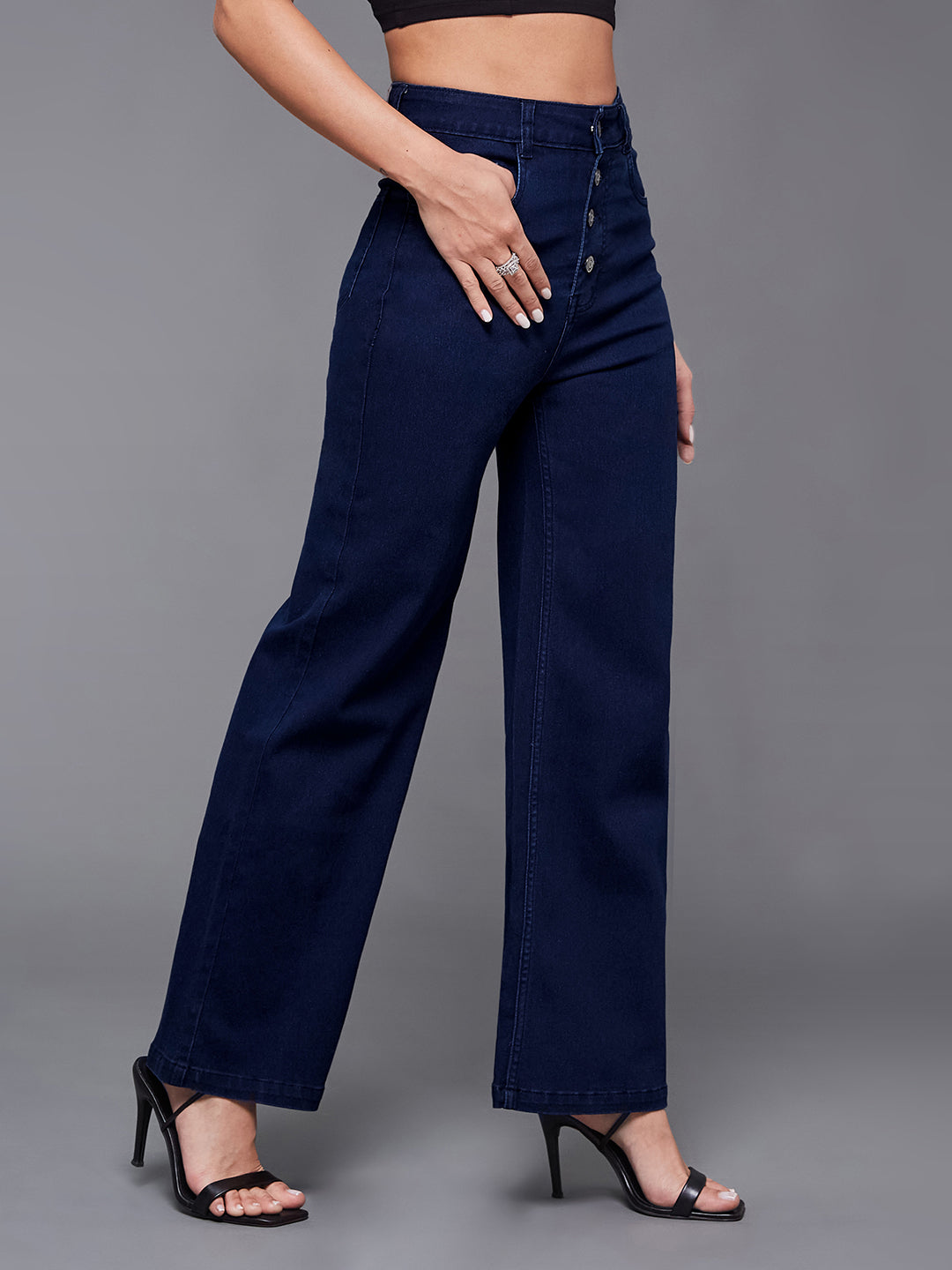 24/7 Comfort Navy-Blue Wide-Leg High-Rise Stretchable Denim Jeans