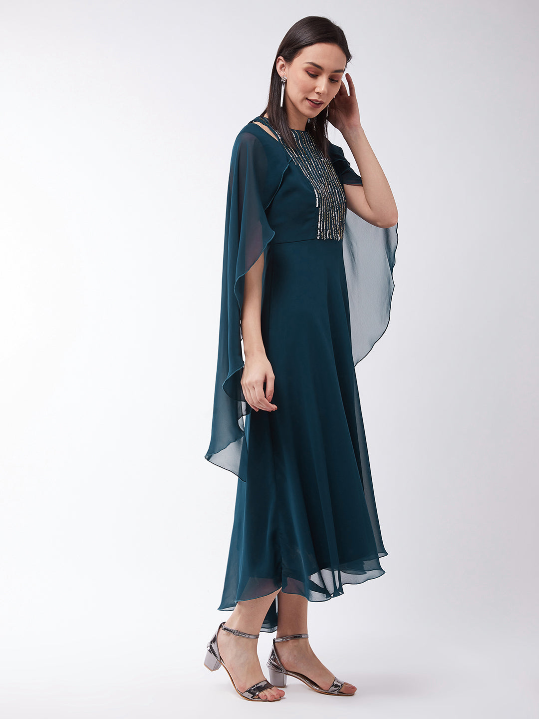 Teal Cold Shoulder Sequinned Maxi Dress Long Dress Frock for Women