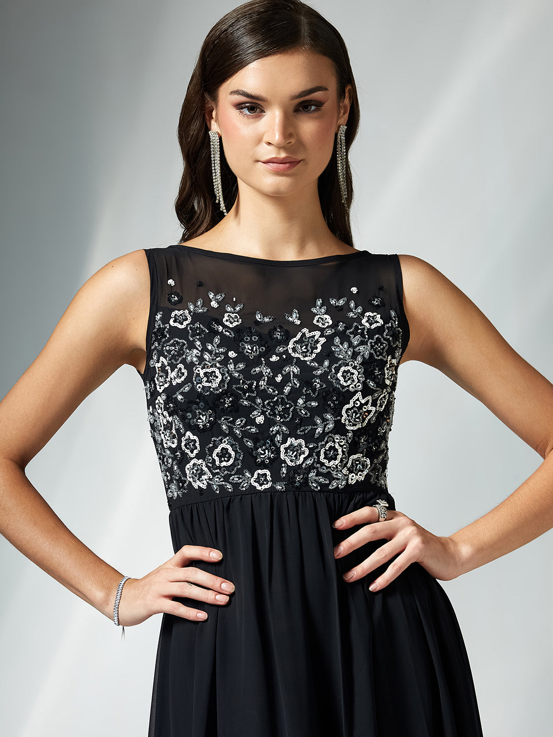 Women's Black Boat Neck Sleeveless Solid Embellished Maxi Dress