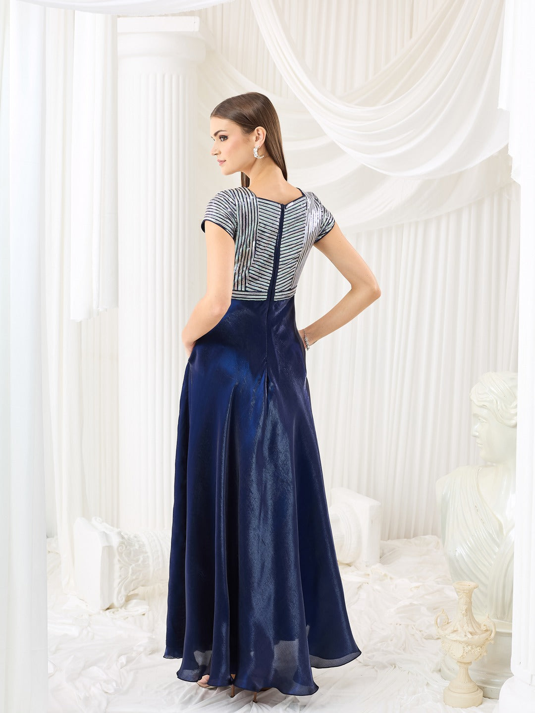 Navy Blue Sweetheart Embellished Gown in Premium Pleated Satin for Women