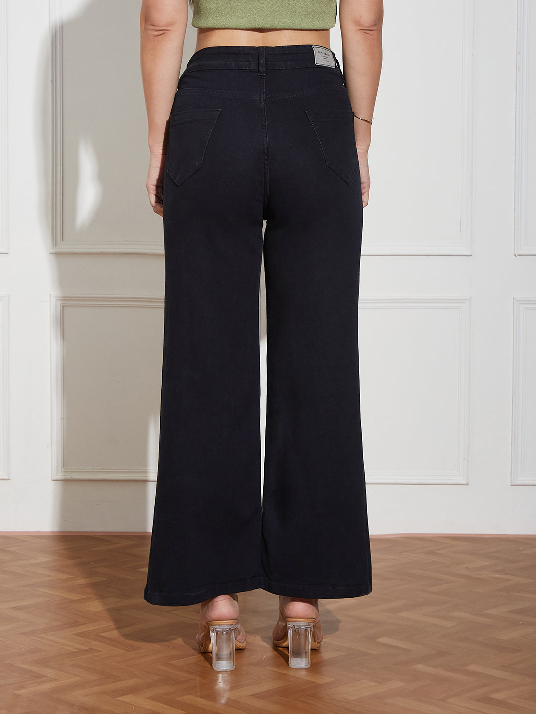 Black Wide-Leg High Rise Clean Look Regular-Length Stretchable Denim Jeans for Women