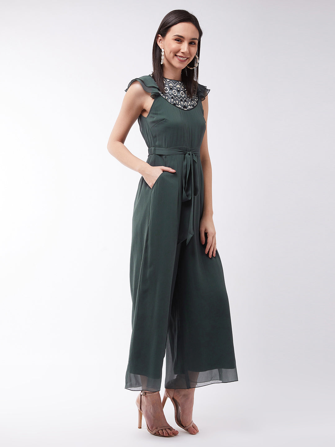 Women's Dark Green Round Neck Ruffled Sleeve Solid Embroidered Regular Jumpsuit