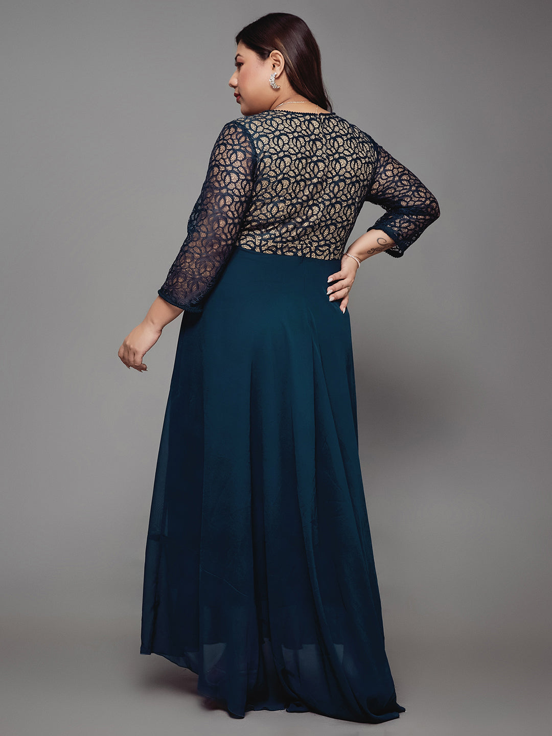 Teal Long Sleeves Fit and Flare Wrap Maxi Dress with Lace Belt for Women | Mehendi to Sangeet Collection