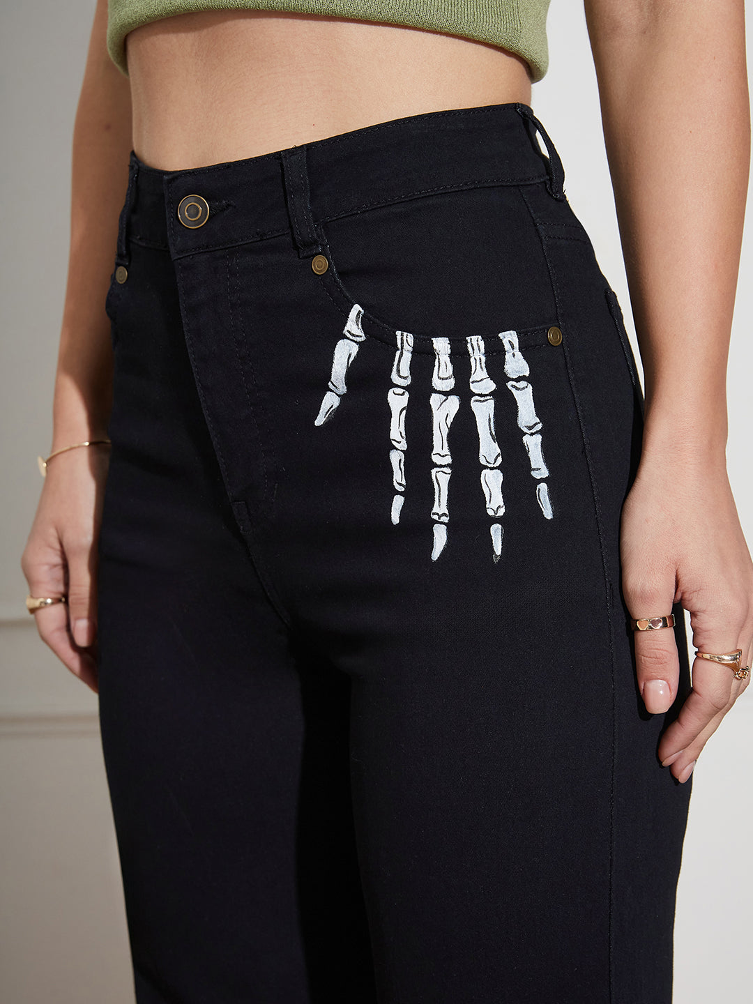 Women's Black Wide Leg High Rise Hand Painted Skeleton Art Stretchable Denim Jeans