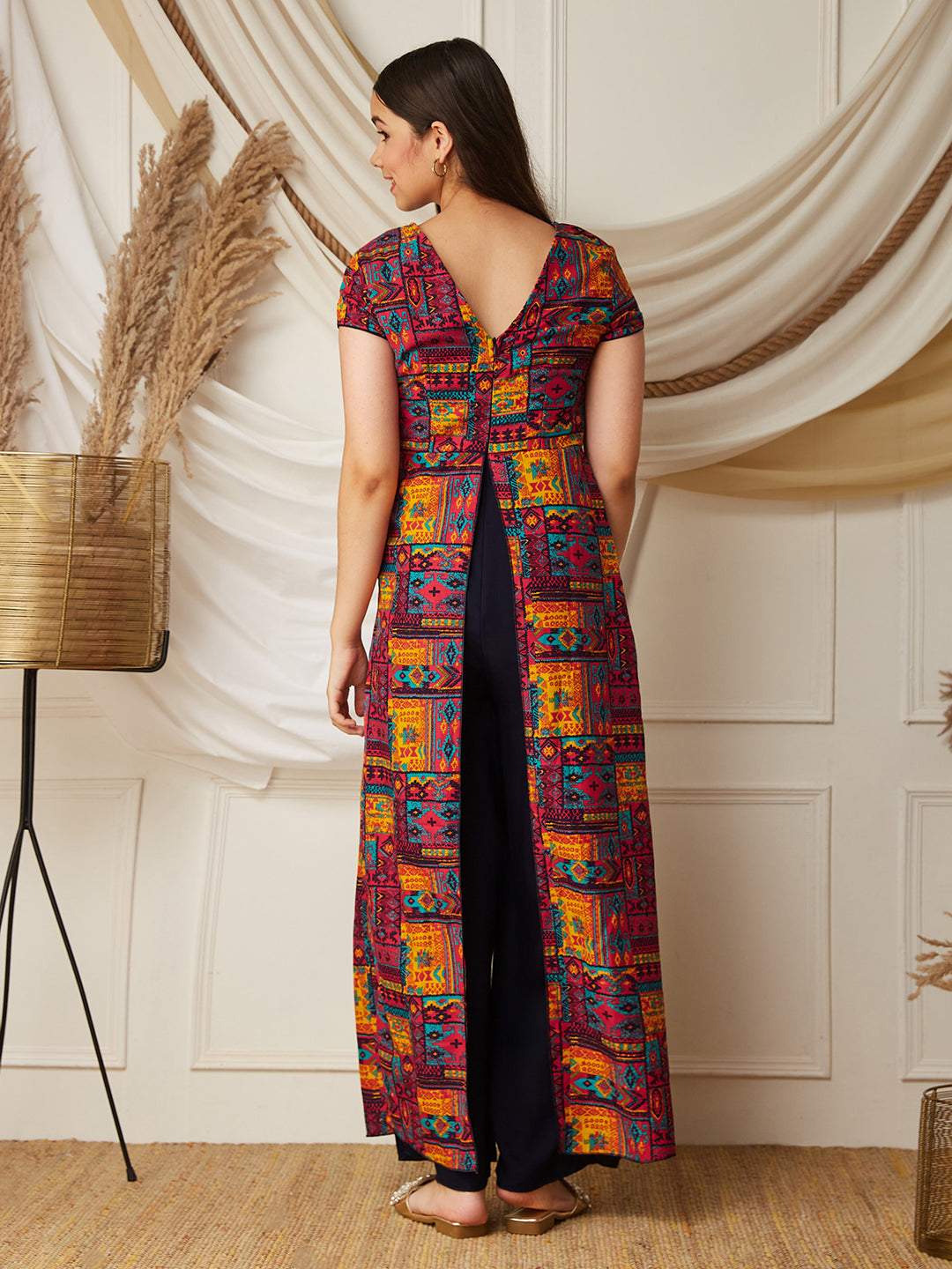 Multicolored-Base-Navy Blue Keyhole-Neck Regular Sleeve Bohemian Paneled Viscose-Rayon Regular-Length Jumpsuit