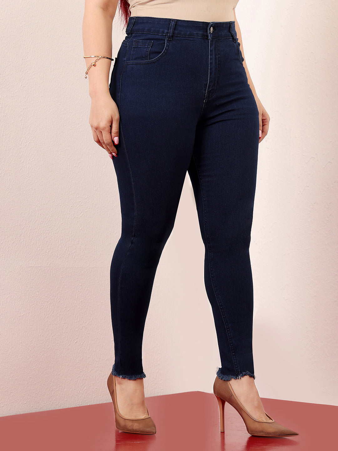 Women's Navy Blue Skinny High-Rise Solid Clean-Look Cropped Fringed-Hemline Stretchable Denim Jeans