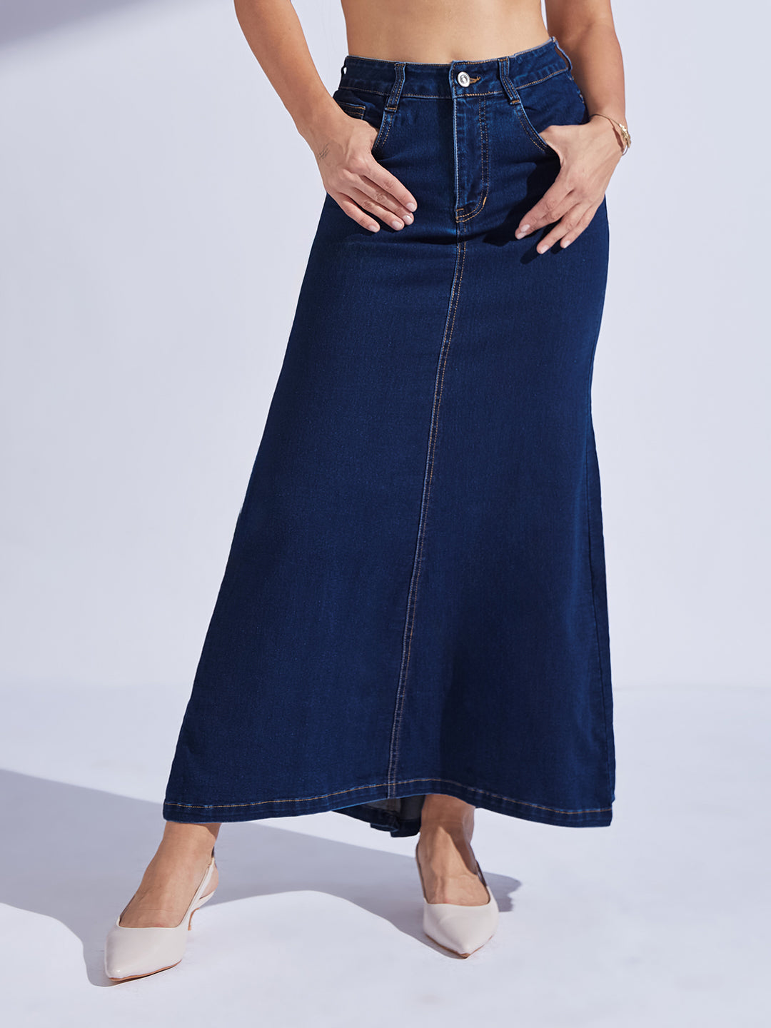 Women's Dark-Blue Flared High-Rise Stretchable Denim Maxi Skirt