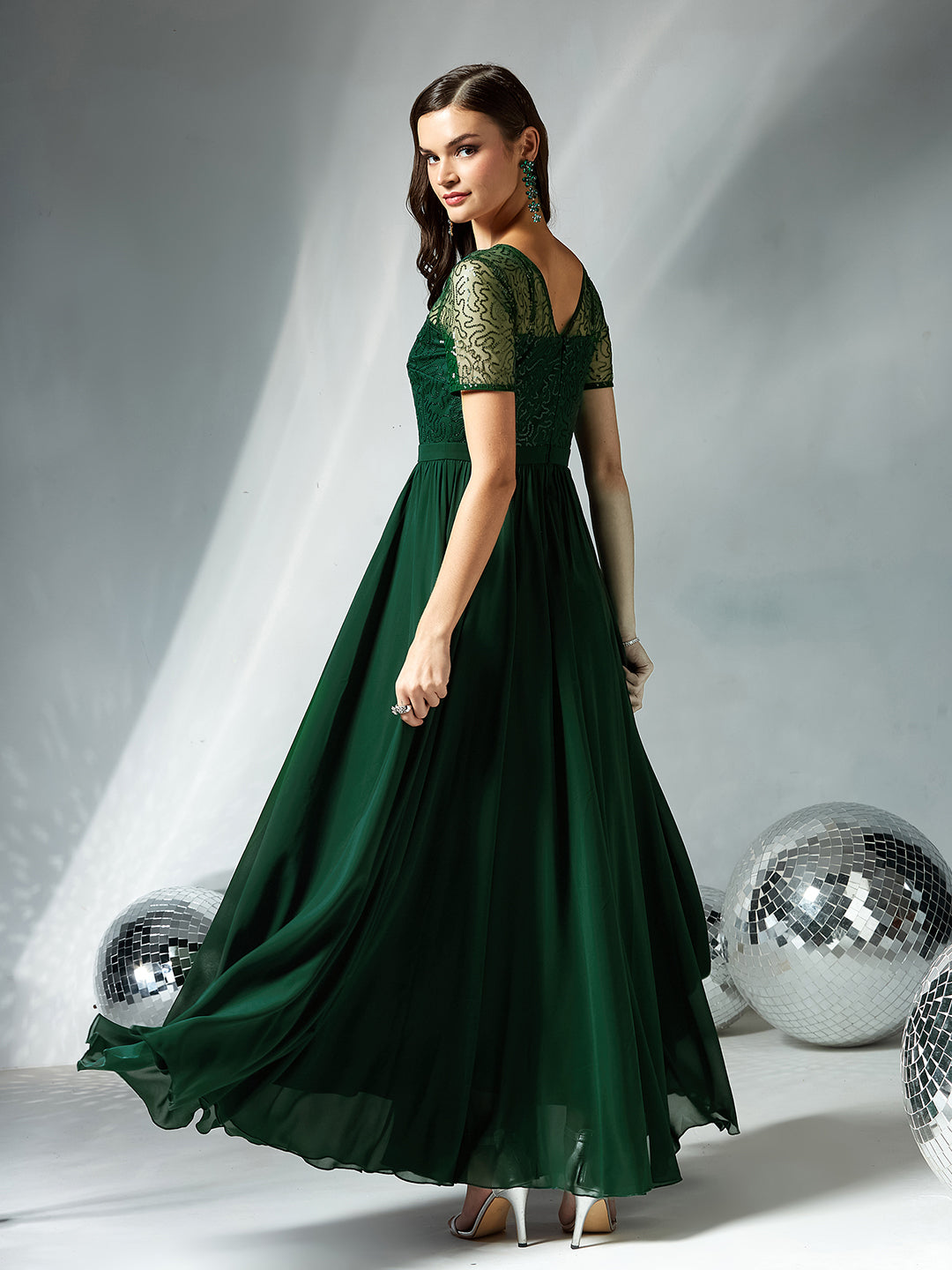 Dark Green Relaxed Fit Maxi Georgette & Sequins Dress for Women
