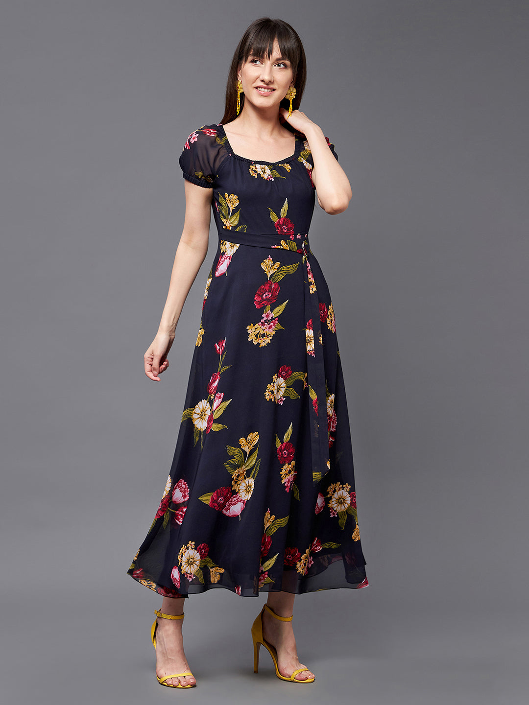 Women's Multicolored Base-Navy Blue Square Neck Short Puff Sleeve Floral Fit & Flare Georgette Midi Dress