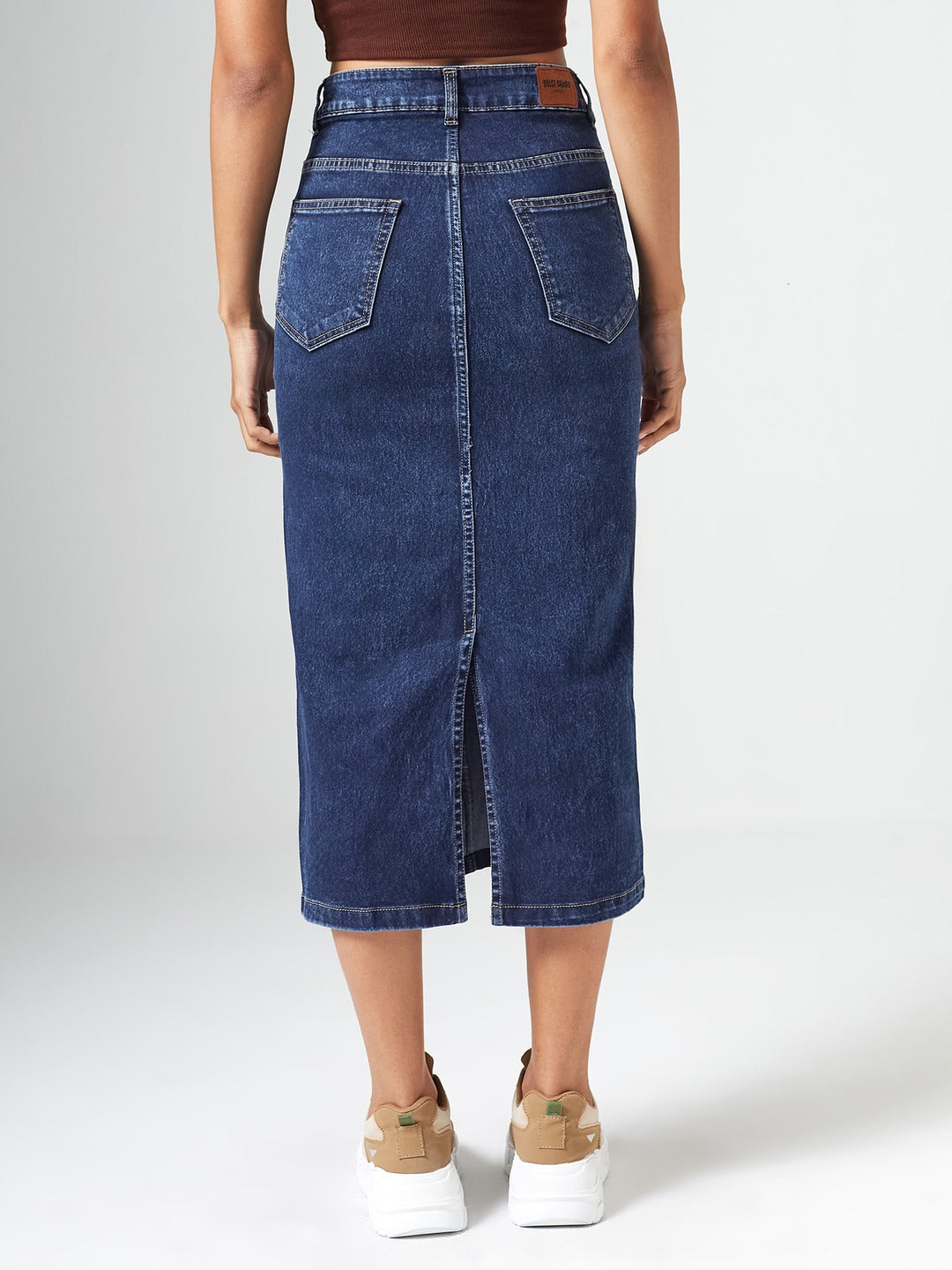 CHASEshape™ Dark Blue High-Rise Stretchable Denim Midi Skirt with Back Slit for Women