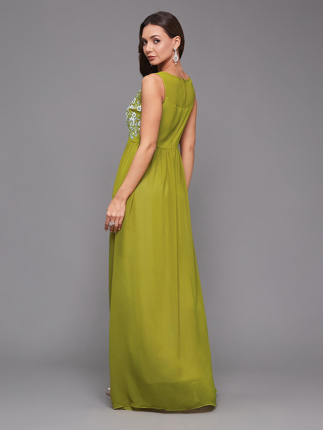 Women's Lemon Green Boat Neck Sleeveless Embroidered Georgette Gathered Maxi Dress