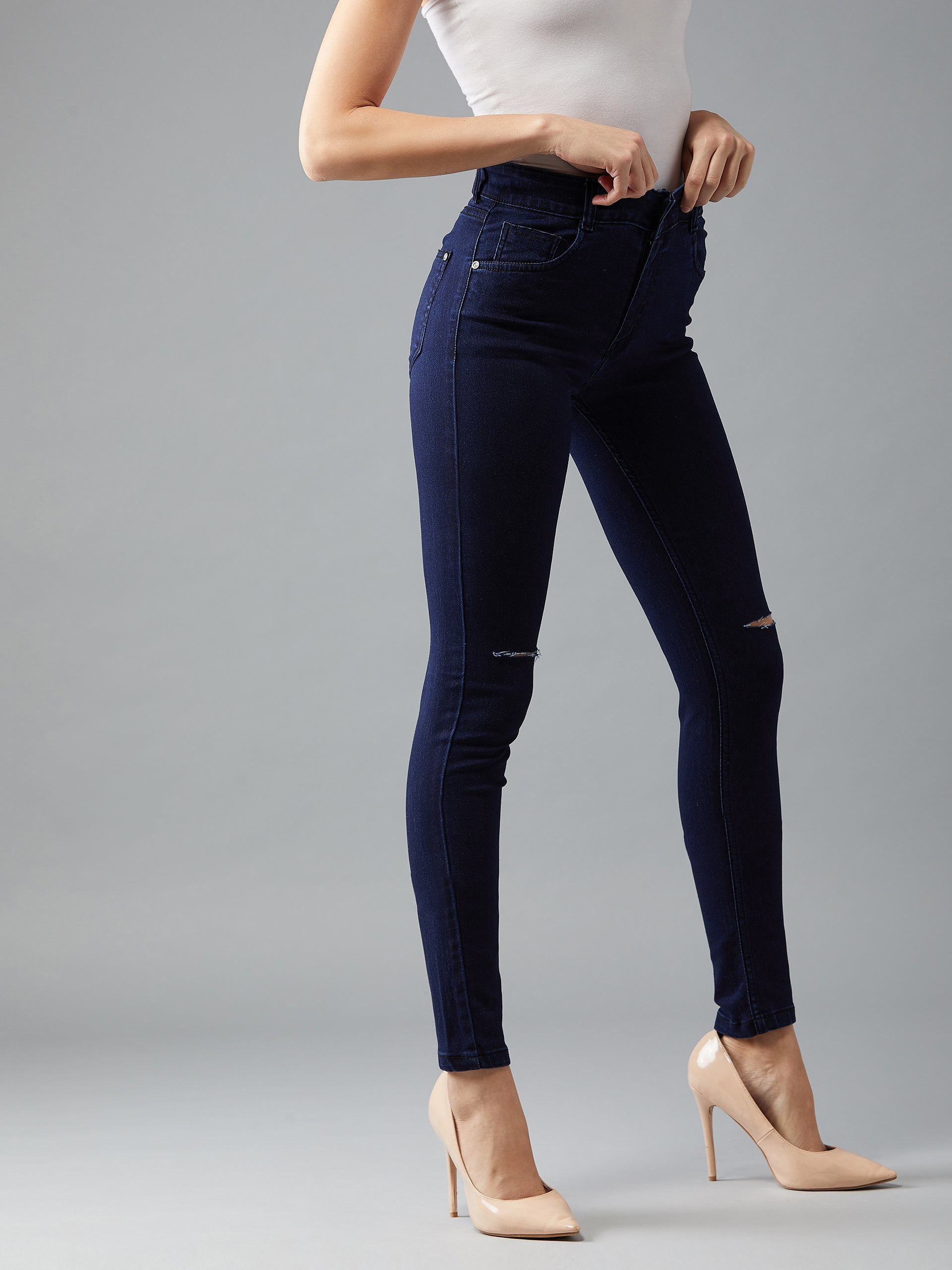24/7 Comfort Navy-Blue Skinny-Fit High-Rise Knee-Slit Stretchable Denim Jeans