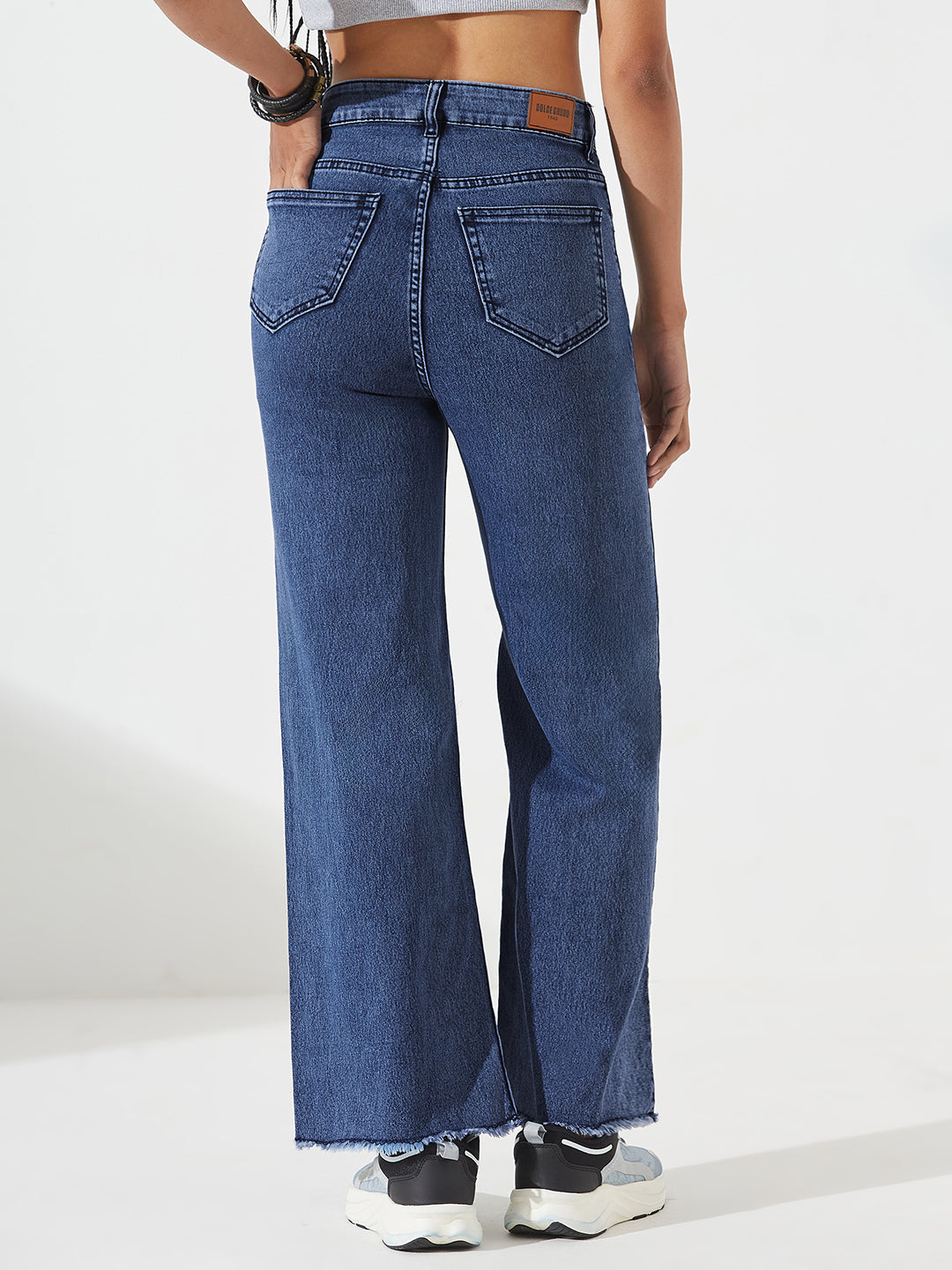 Navy Blue Wide-Leg High-Rise Stretchable Denim Jeans For Women