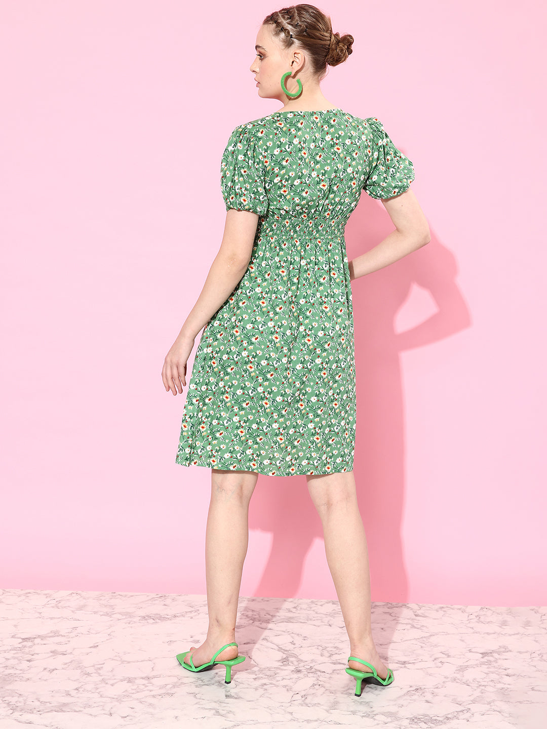 Women's Multicolored-Base-Green V Neckline Short Sleeve Viscose Rayon Floral Fit & Flare Midi Dress