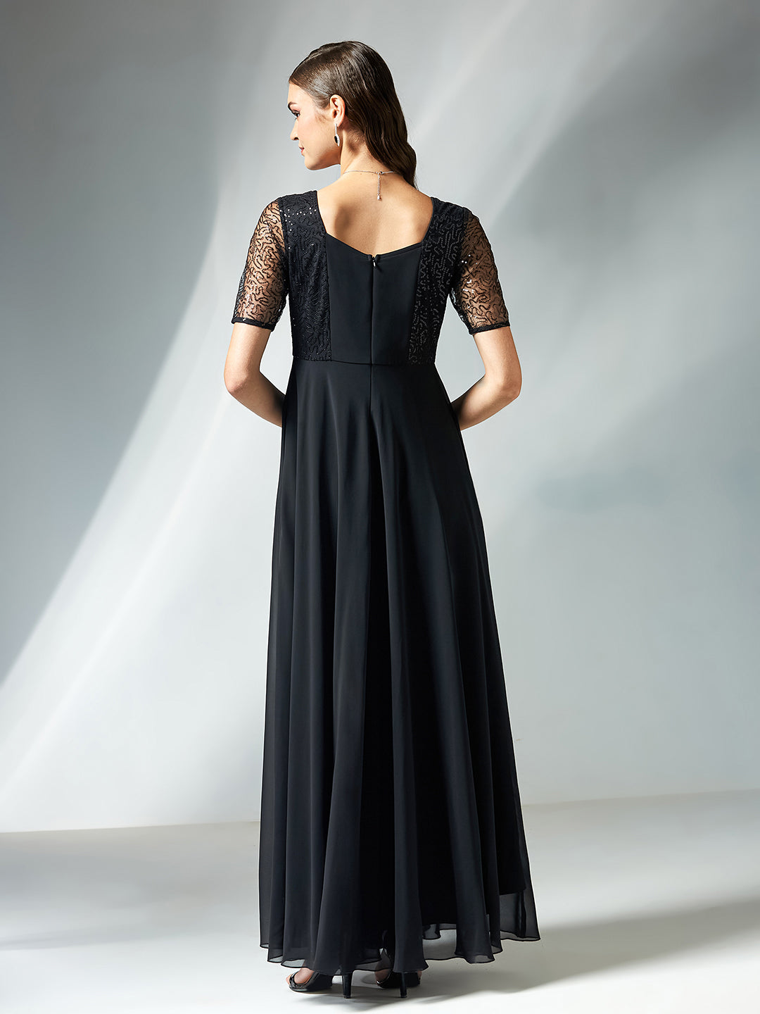 Black Square Neck Half Sleeve Solid Embellished Maxi Dress for Women — Miss Chase
