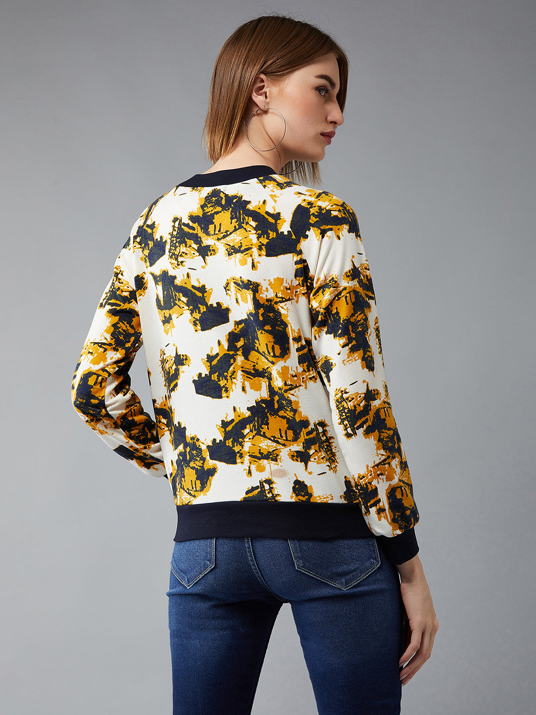 Women's Multicolored-Base-White Round Neck Full Sleeves Abstract Raglan Regular Length Sweatshirt