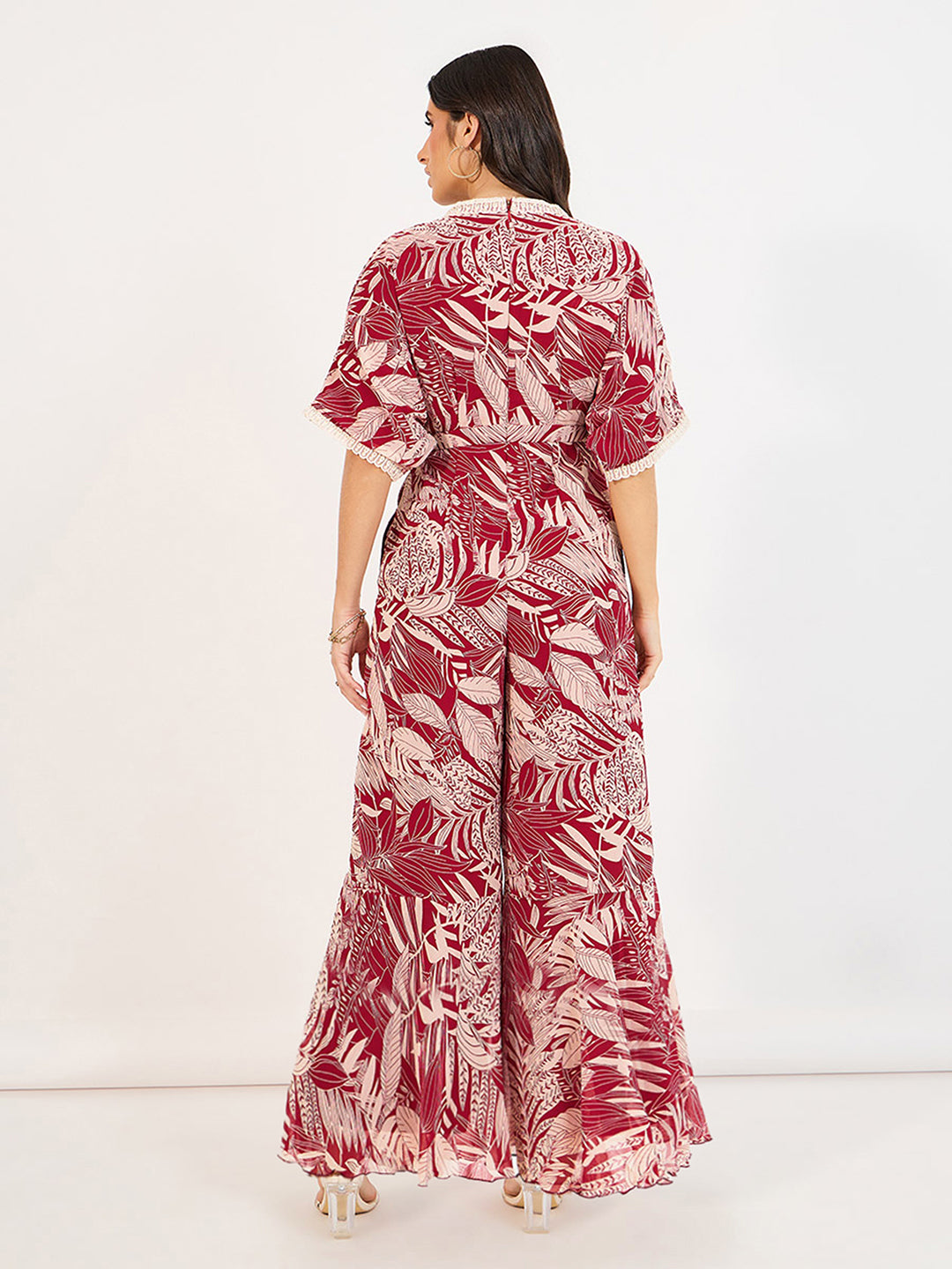 Women's Multicolored-Base-Maroon V-Neck Half Sleeve Floral Kimono Chiffon Jumpsuit