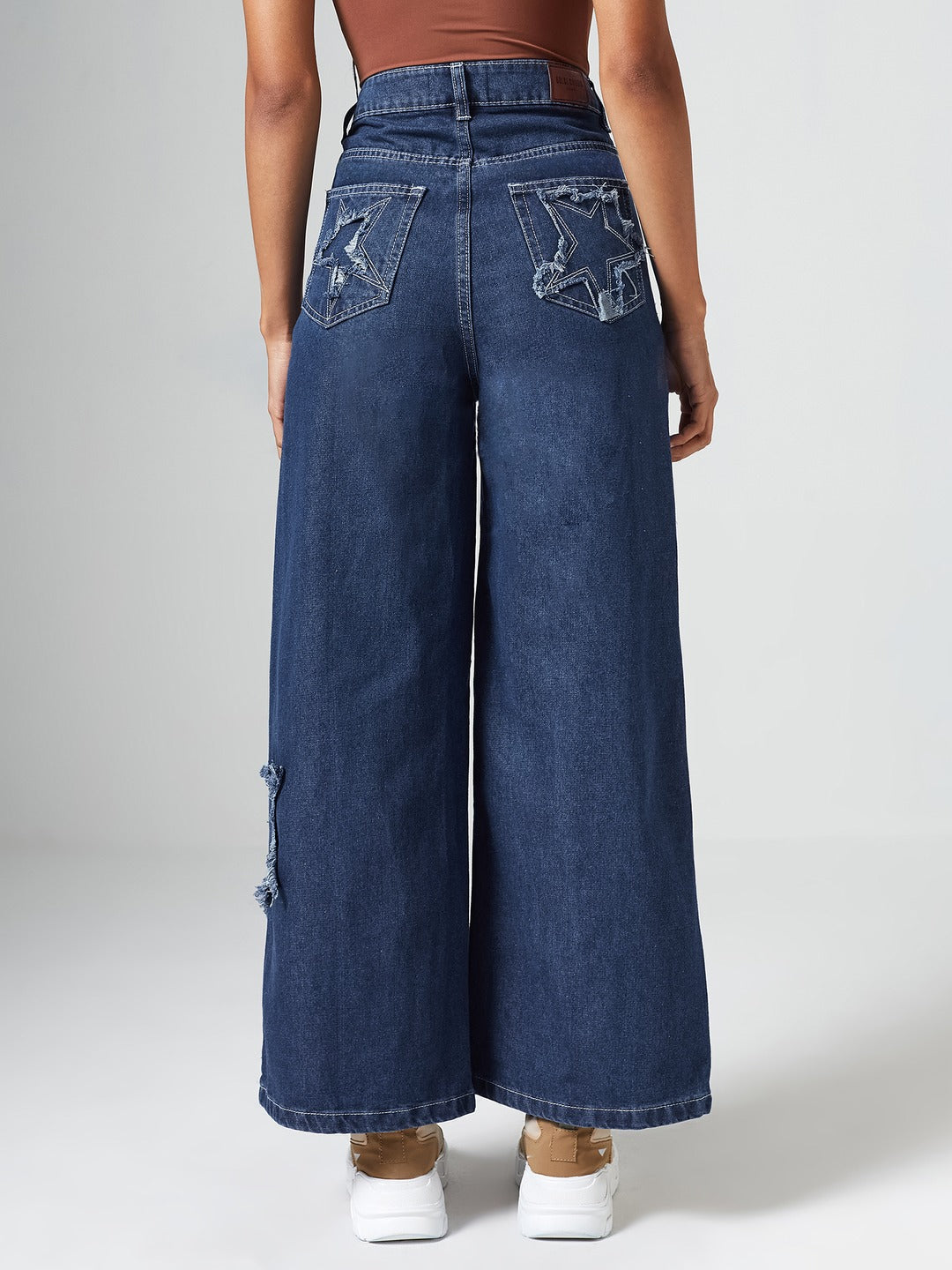 Navy Blue High Rise Mildly-Distressed Regular-Length Stretchable Denim Wide-leg Jeans for Women