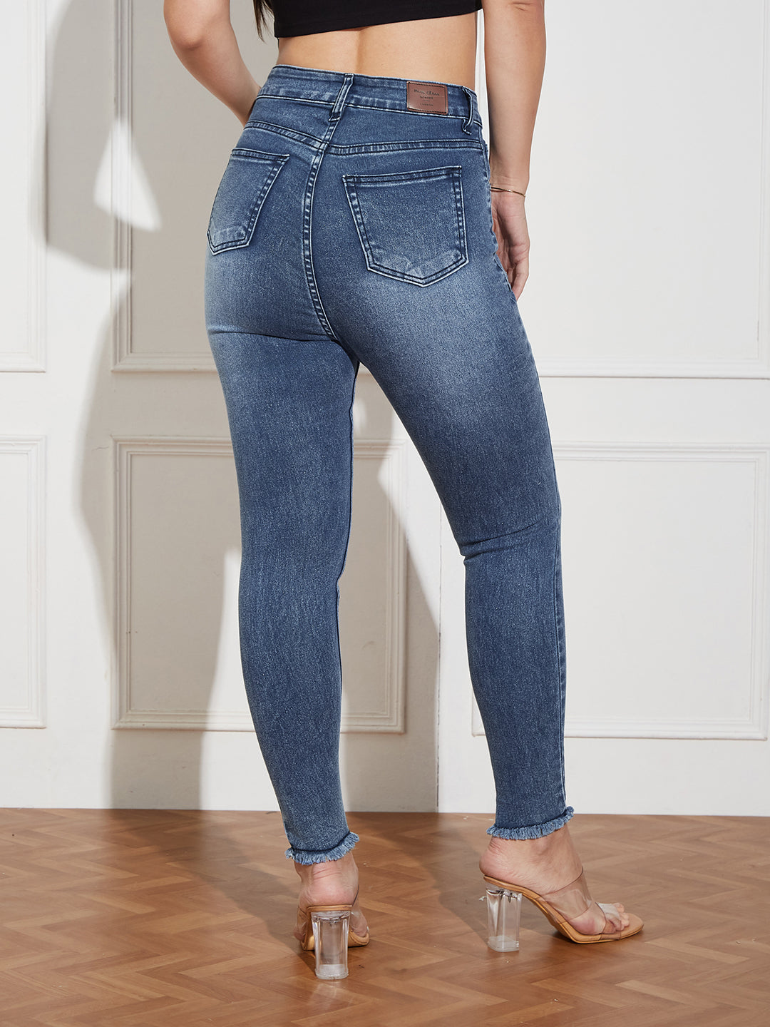 Women's Mid Blue High Rise Mildly-Distressed Cropped Stretchable Denim Skinny Jeans